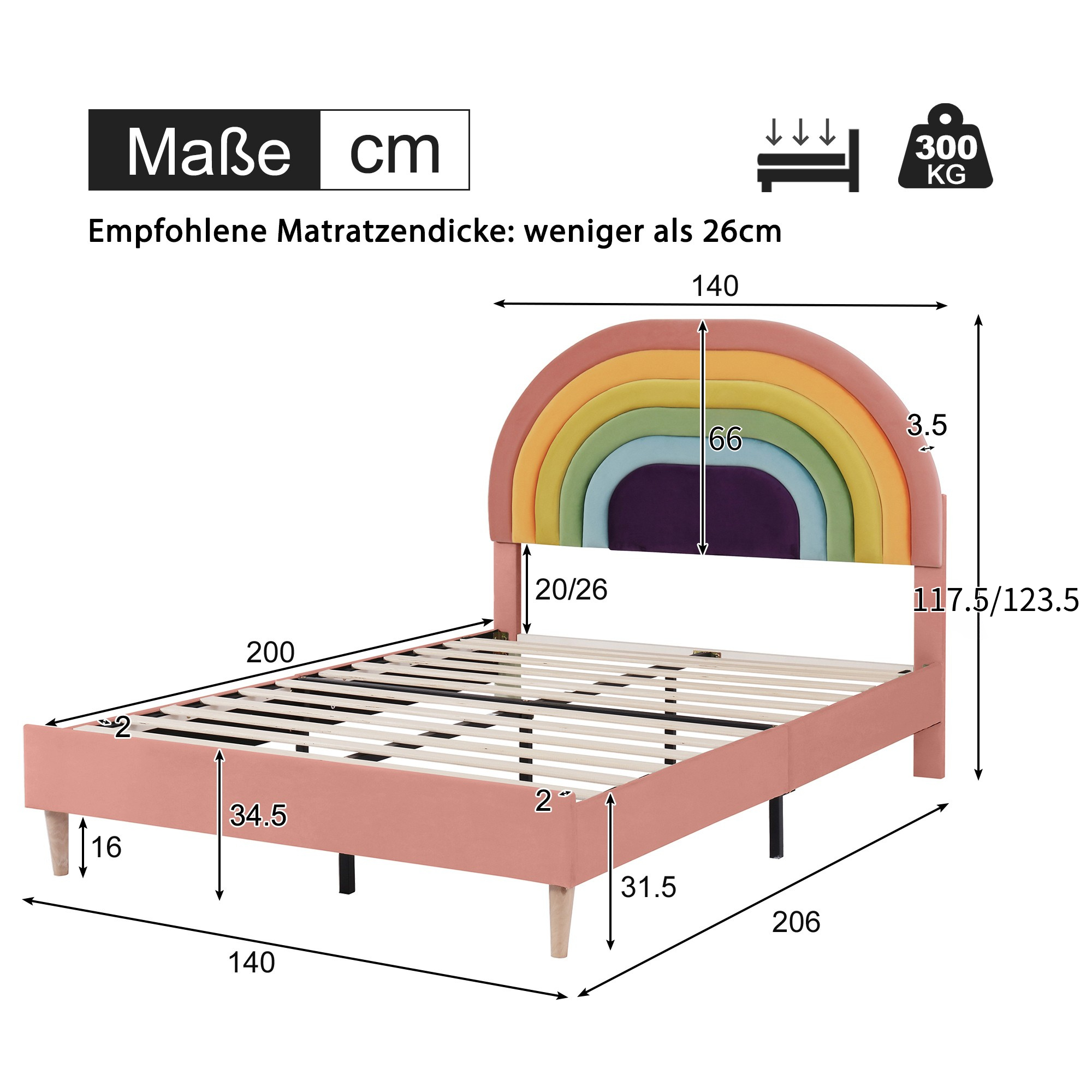 Upholstered Bed 140x200cm Slatted Base Adjustable Headboard - Velvet Pink