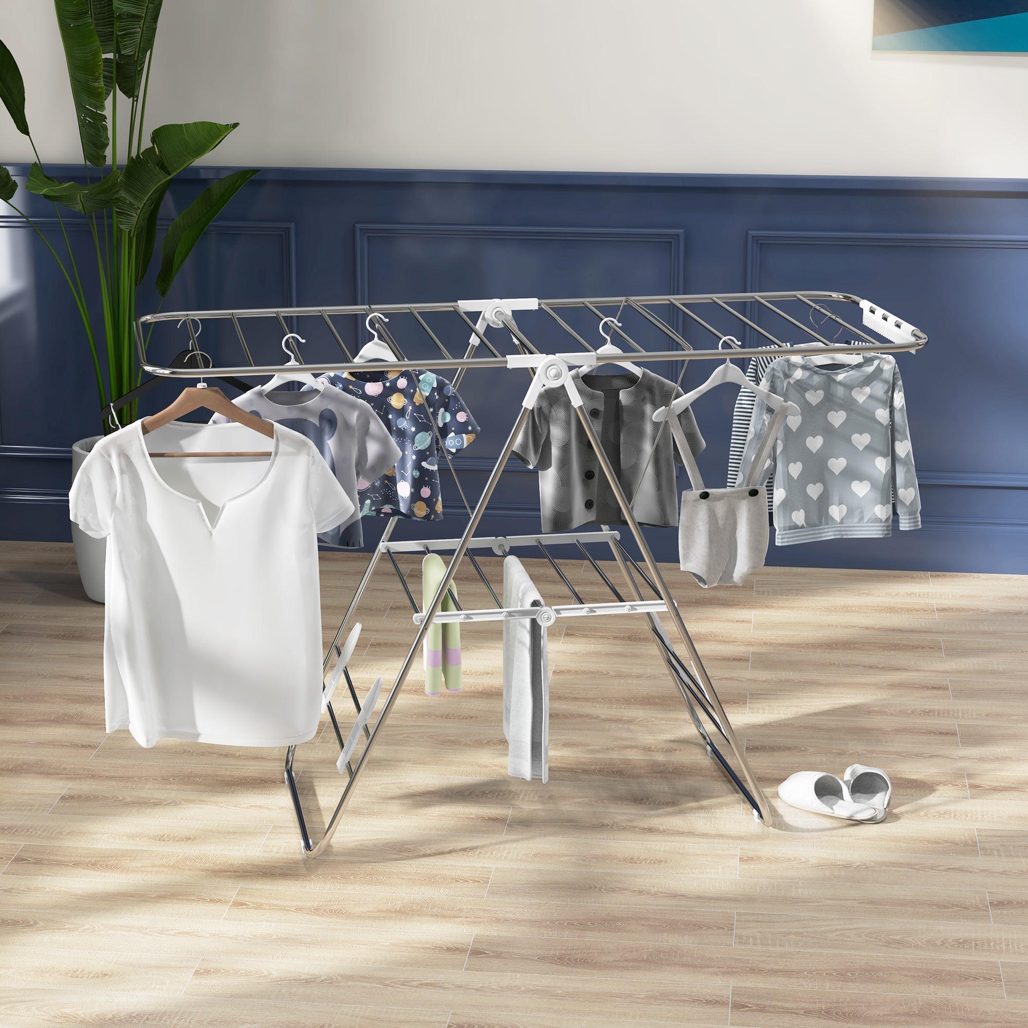 Clothes Airer, Foldable Portable with Telescopic Poles, Stainless Steel and Plastic, Silver and White