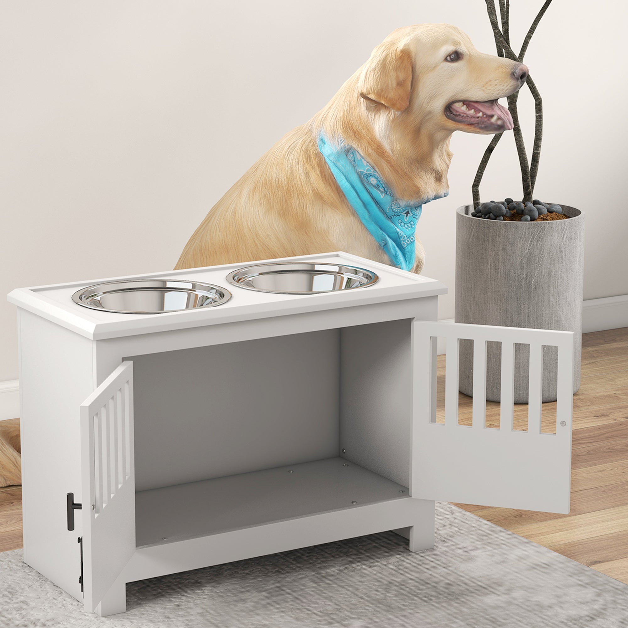 Elevated Pet Feeder, 2L Bowl, Storage, Lock, White