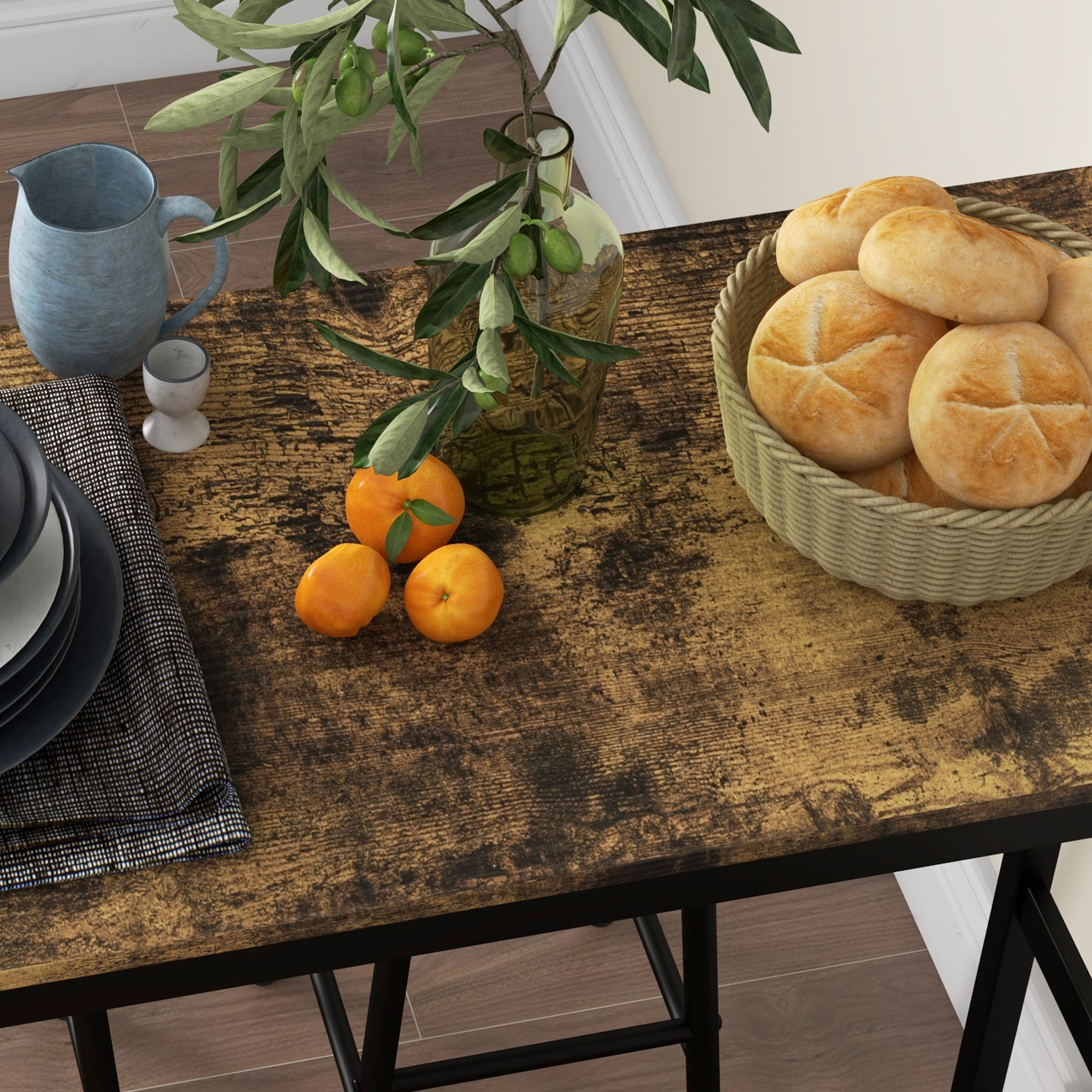 Bar Table Set, 3-Piece with 2 Bar Stools, Steel, Rustic Brown