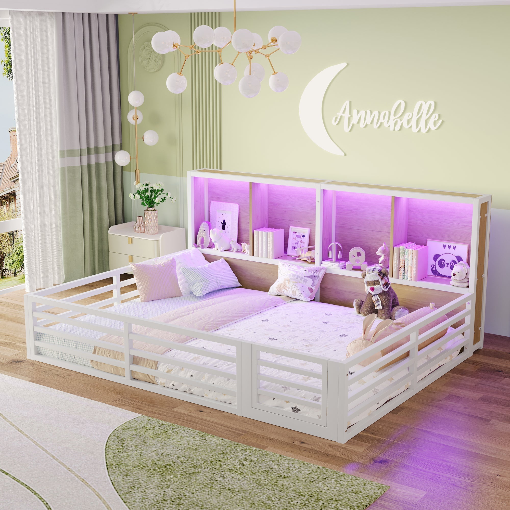 Fence Daybed with Storage Compartment and Railing, 140 x 200cm, White Metal and MDF