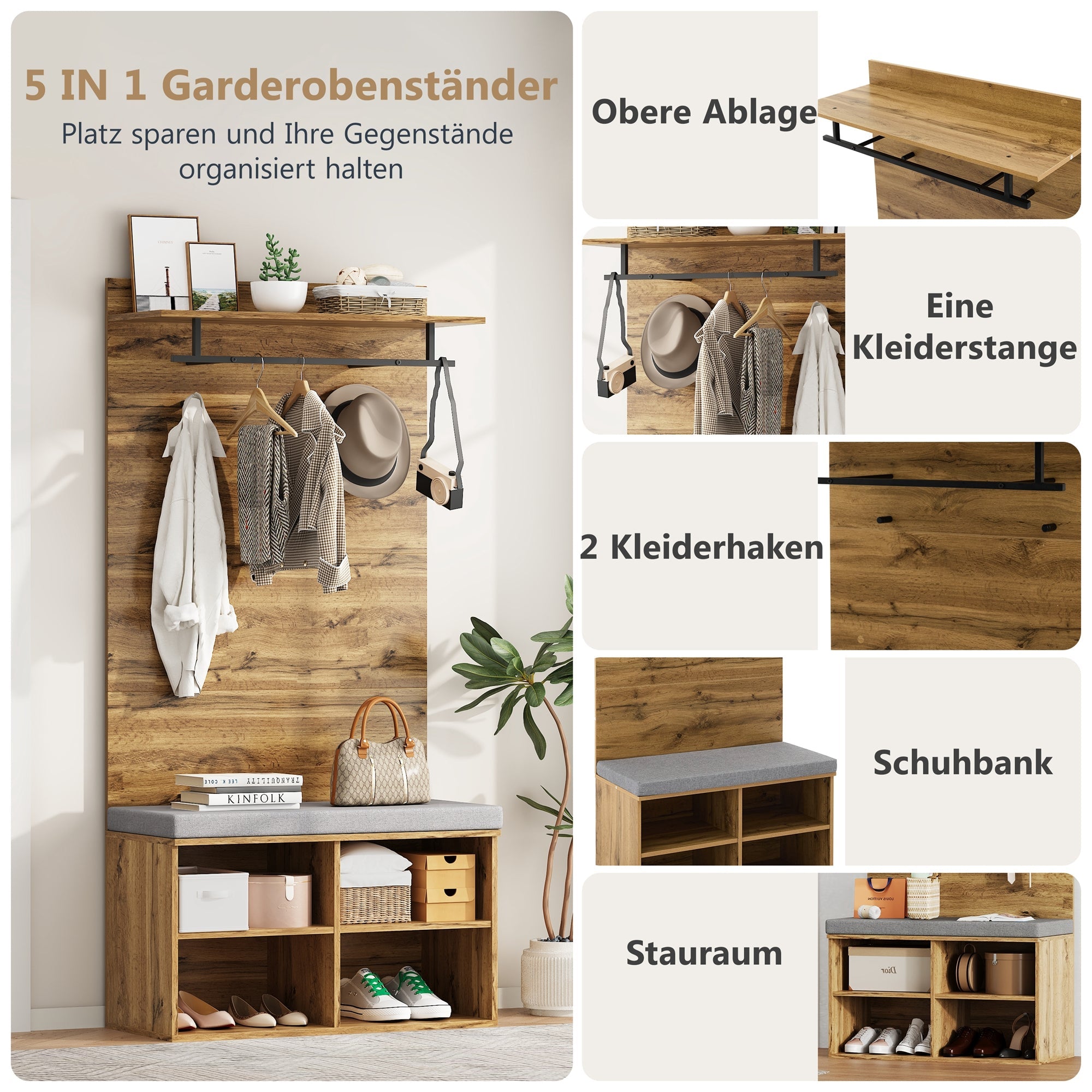 Wardrobe Set with Shoe Bench, Adjustable Shelf & Clothes Rail, 175cm High, Wood Look