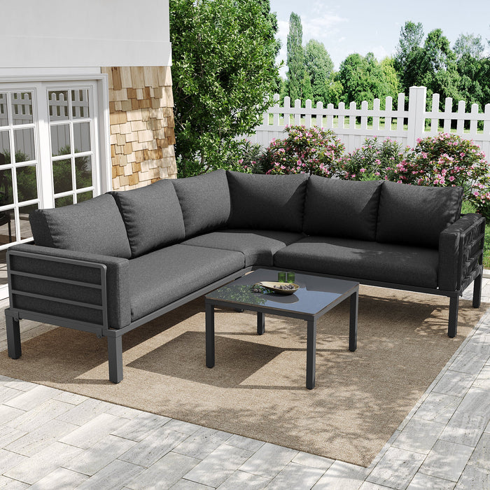 Garden Furniture Set 4-5 Seater with Tempered Glass Coffee Table Adjustable Legs Galvanized Iron Grey Cushions