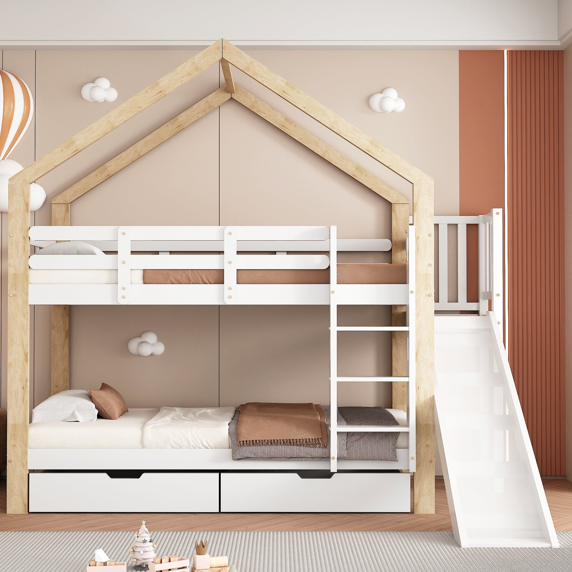 Bunk Bed House with Slide, Ladder, Safety Rail, 2 Drawers, 90x200cm, Solid Wood White/Natural