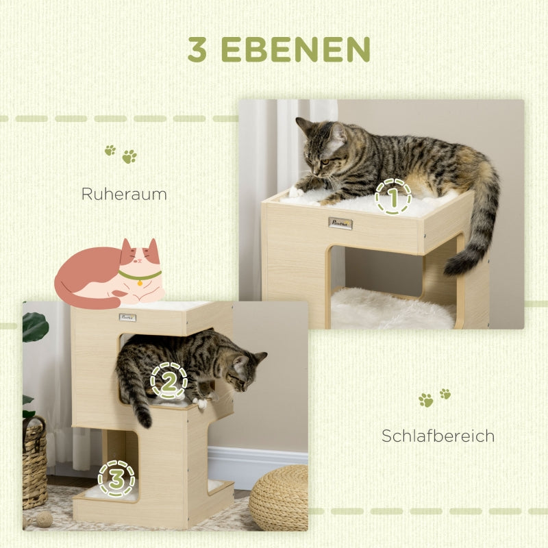 Katzentonne, 2 Ebenen mit Spielzeug, Natur + Hellgrau