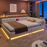 Sofa Bed 140x200cm LED Light USB/Type-C Button Tufting - Beige Linen