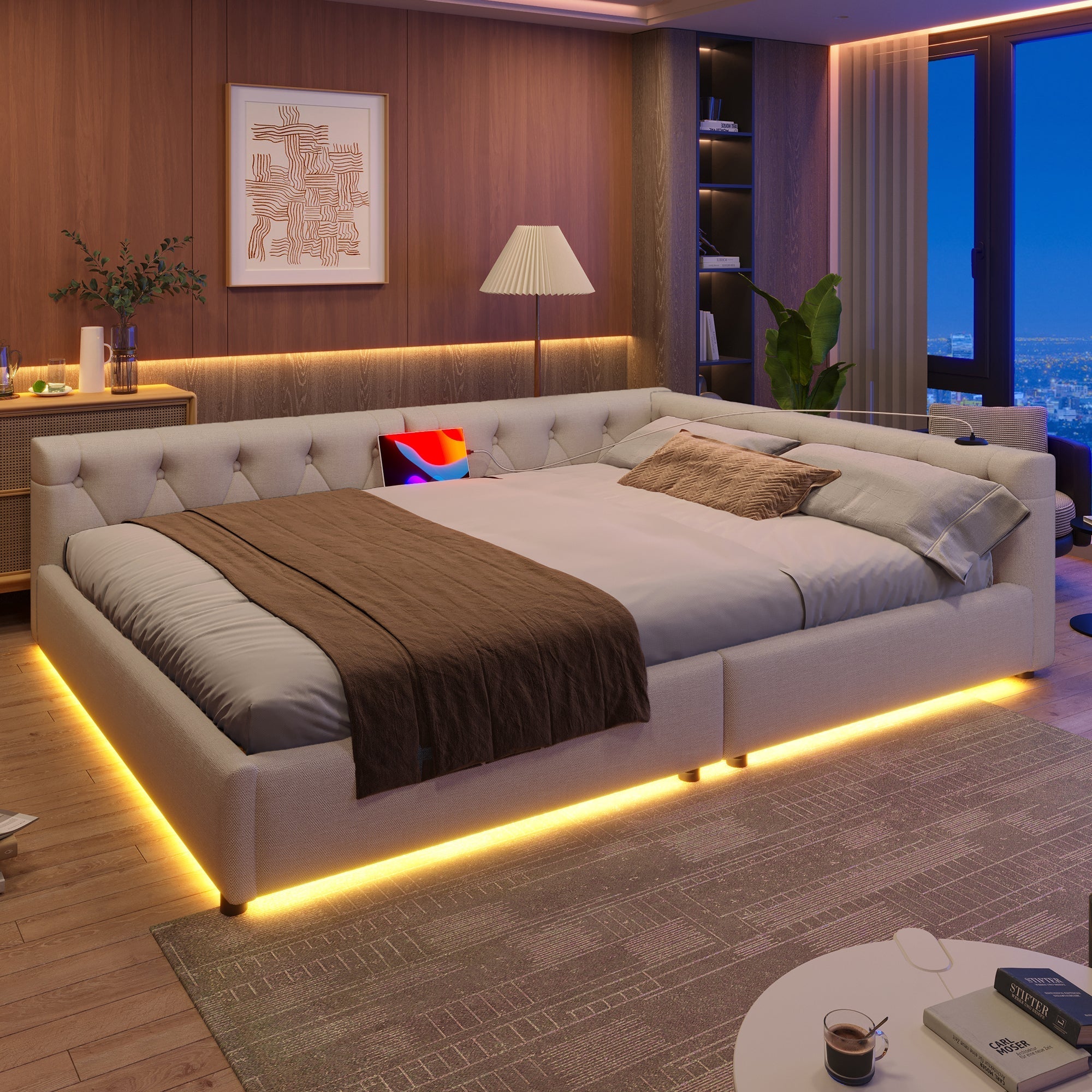 Sofa Bed 140x200cm LED Light USB/Type-C Button Tufting - Beige Linen