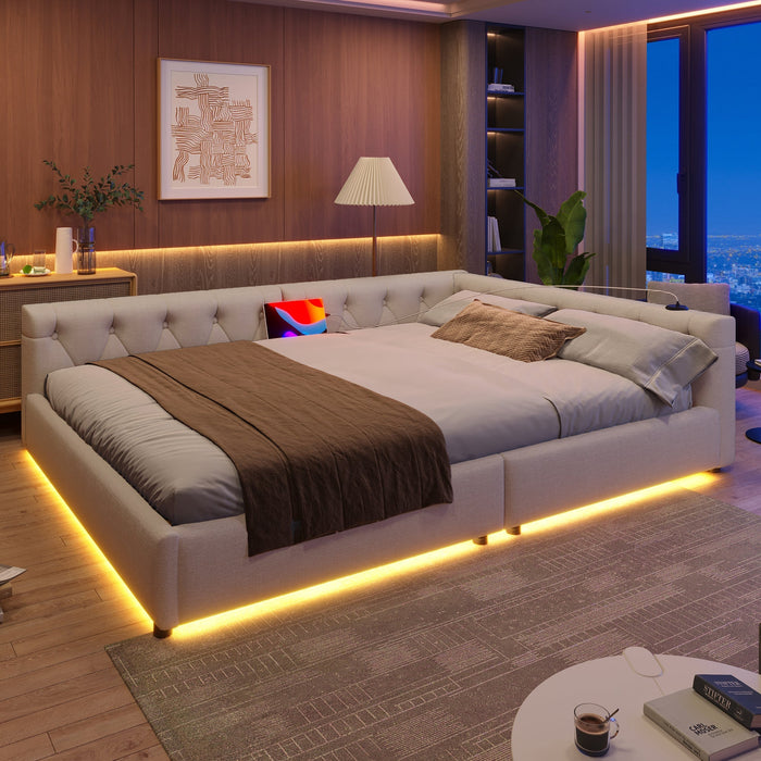Sofa Bed 140x200cm LED Light USB/Type-C Button Tufting - Beige Linen
