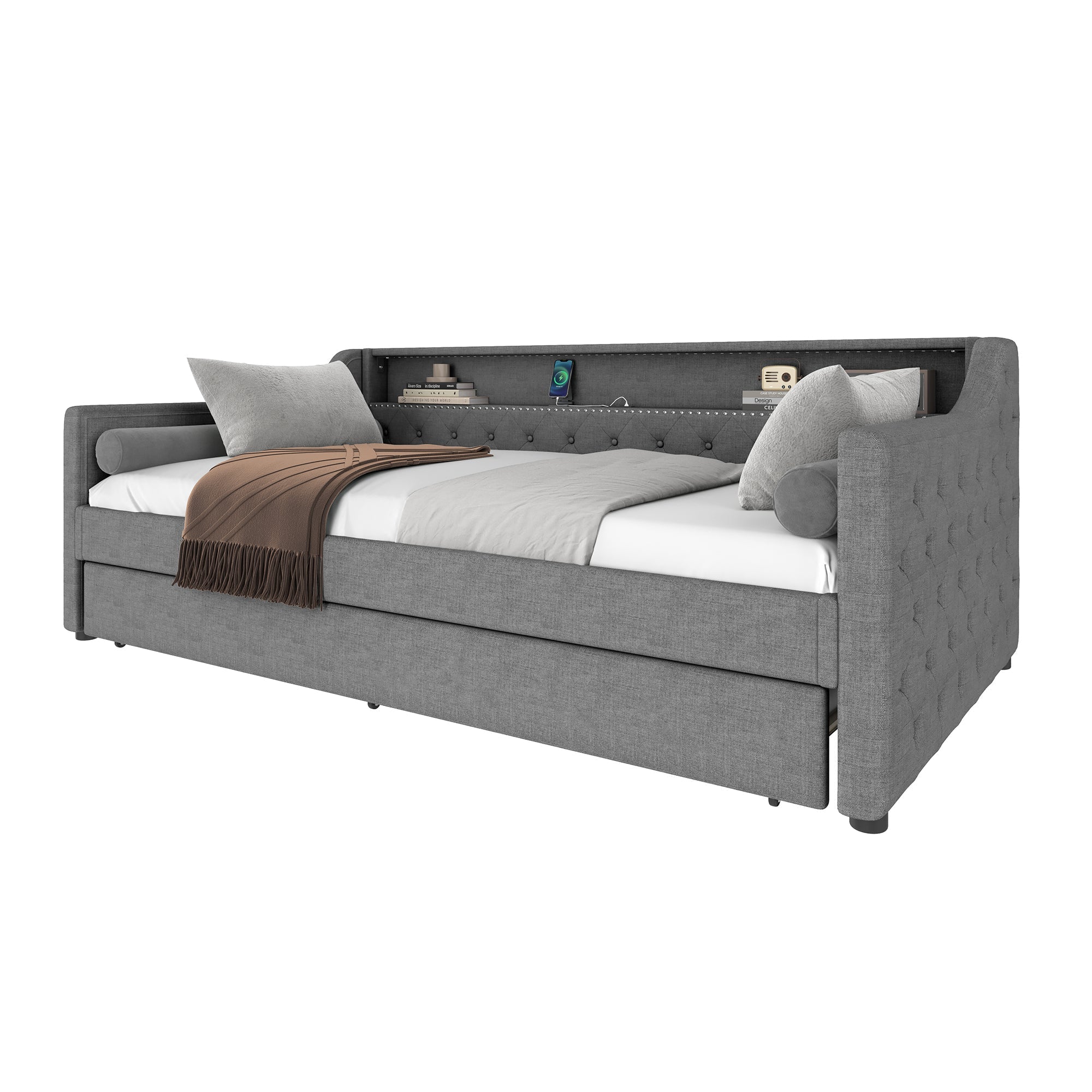 Daybed Sofa Bed 90x200cm Pull-out Bed LED USB - Linen Grey