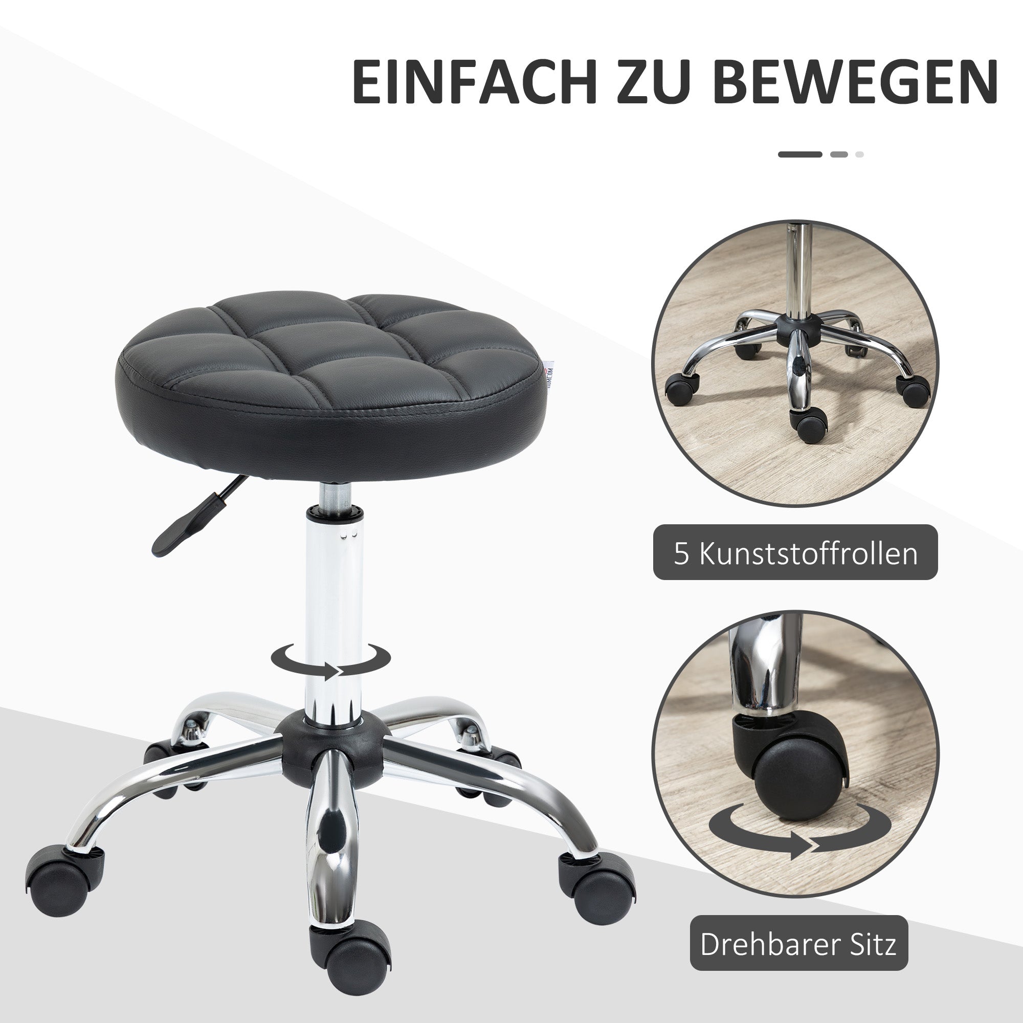 Salon Stools, Height Adjustable Swivel Rolling, Faux Leather Black