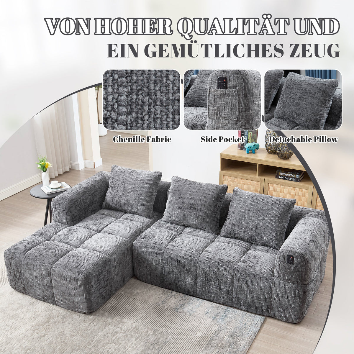 Modern Sectional Sofa L-Shaped 3-Seater Chaise Longue Storage Pocket Chenille Grey