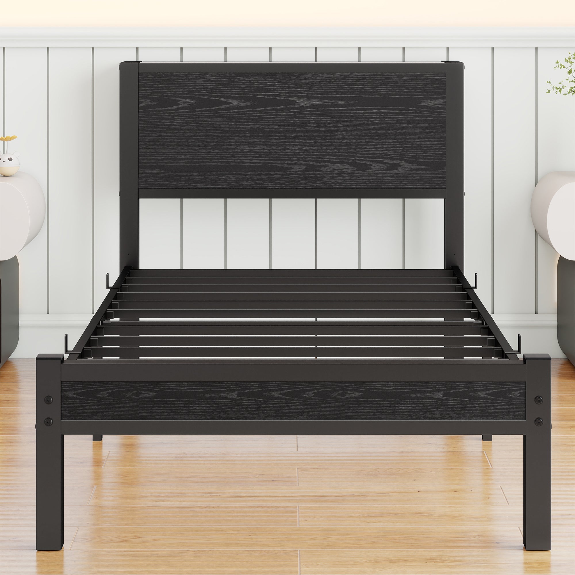 Single Metal Bed Frame 90x200cm, Storage Headboard, Noiseless Platform - Black