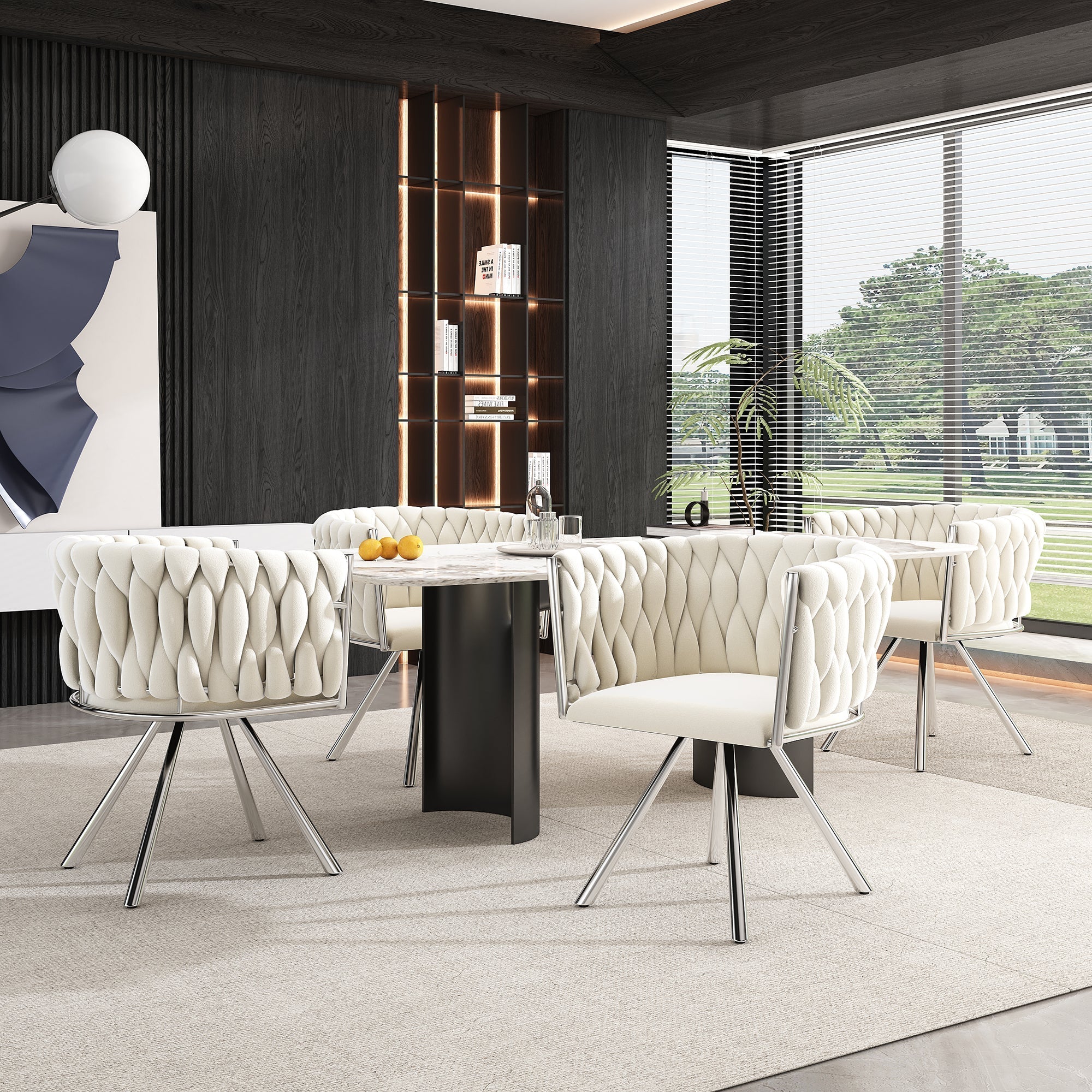 Velvet Dining Chair, Set of 4 Luxury Swivel Leisure Chairs with Metal Legs, Beige and Silver