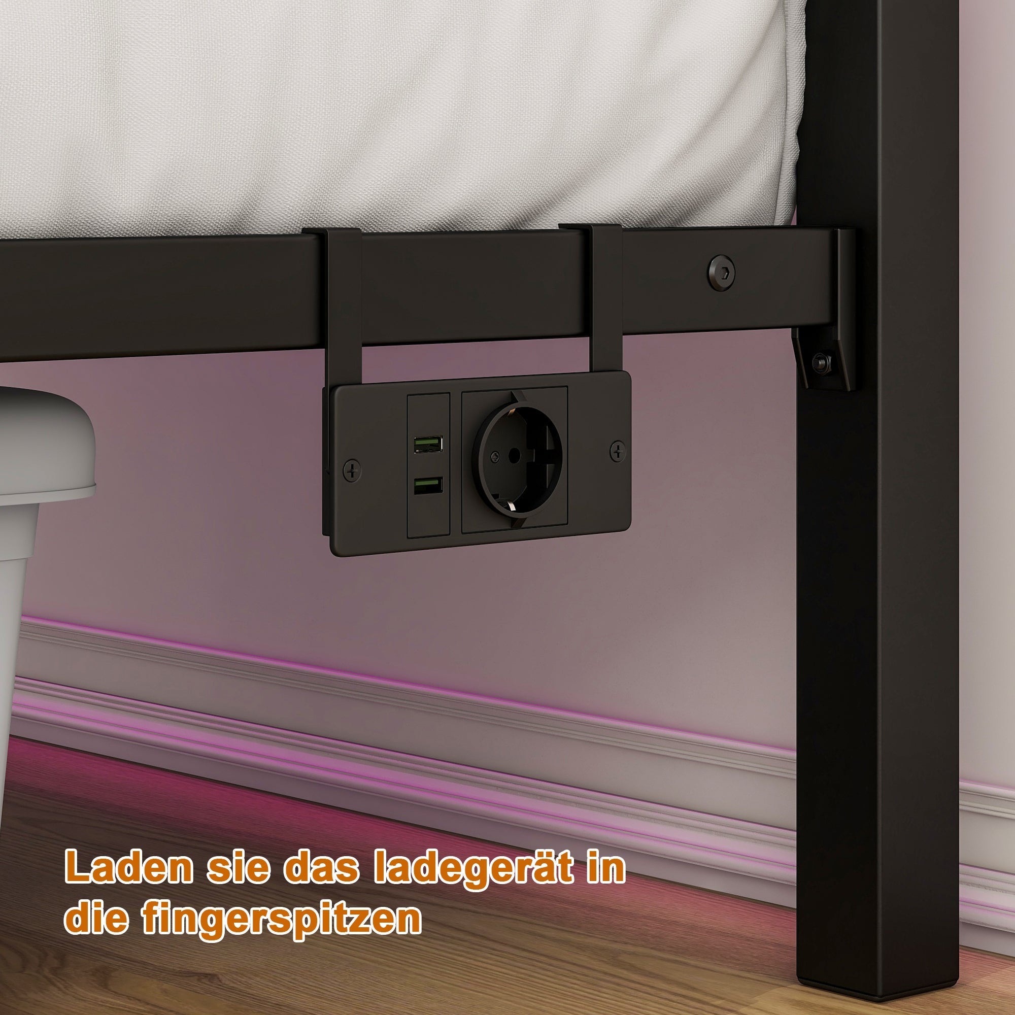 Bed Frame with Headboard, 120x200cm, USB Charging Station & LED, Metal