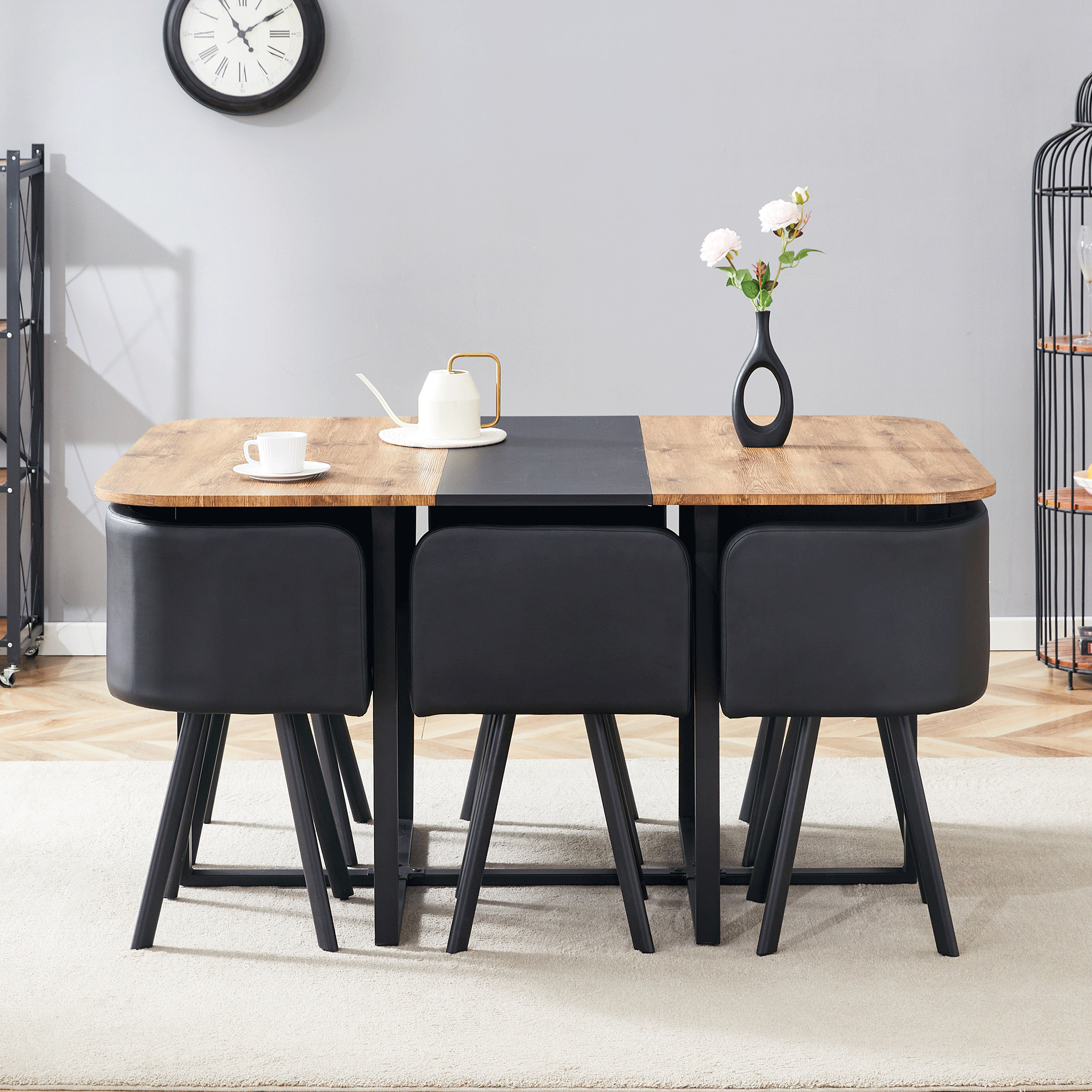 Dining Table Set Extendable Stowable Chairs 4-6 Person Wood Grain Black Metal