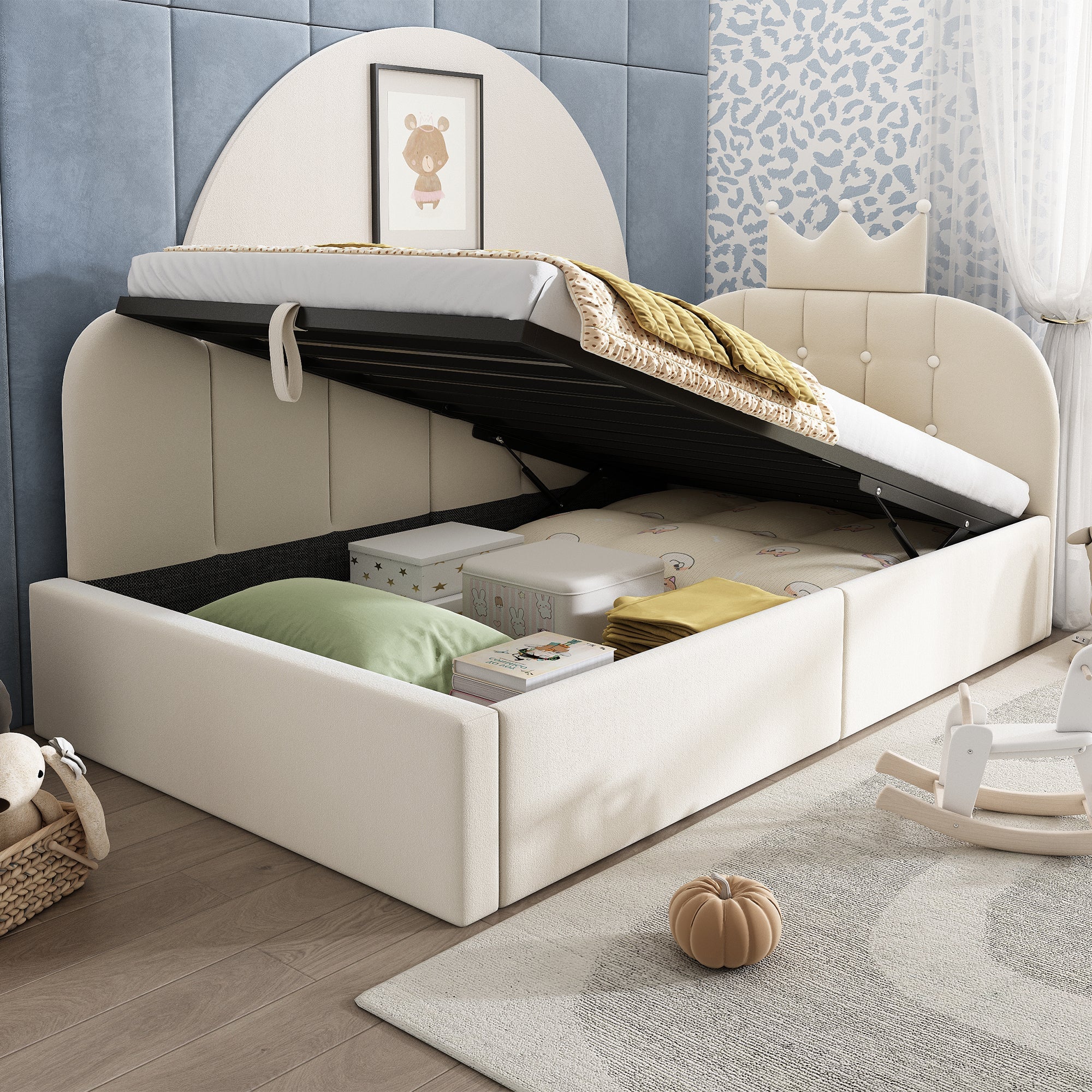 Upholstered Daybed with Hydraulic Storage and Crown-Lattice Design, 90x200cm, Beige Velvet