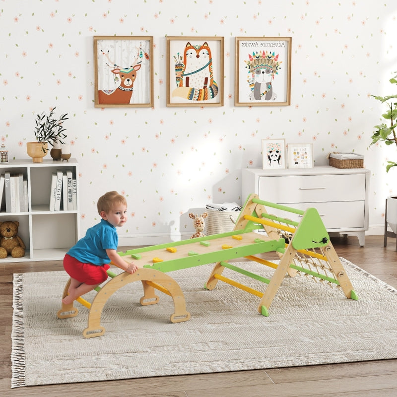 8-in-1 Montessori Climbing Frame Triangle Arch Slide - Wooden Green