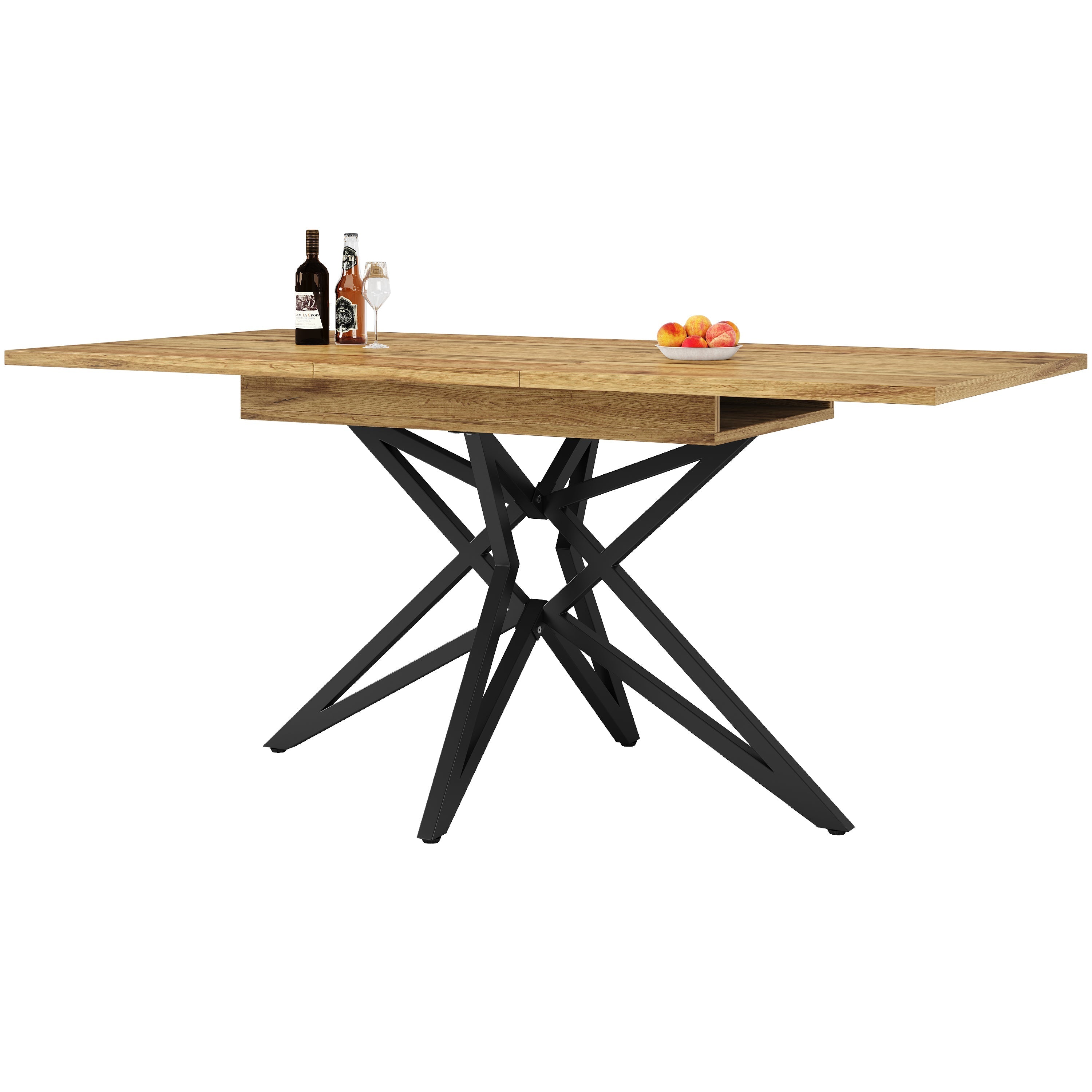 Extendable Dining Table with Star-Shaped Legs, Walnut and Marble Look