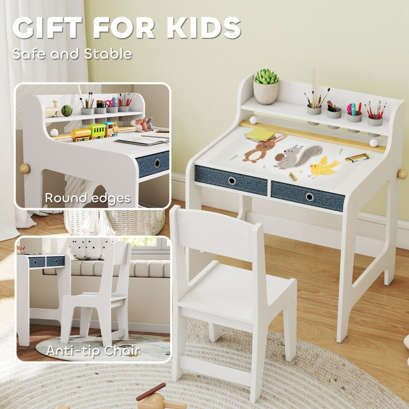 Art Table and Chair Set Kids Art Desk with Storage Shelf and Drawers, White MDF