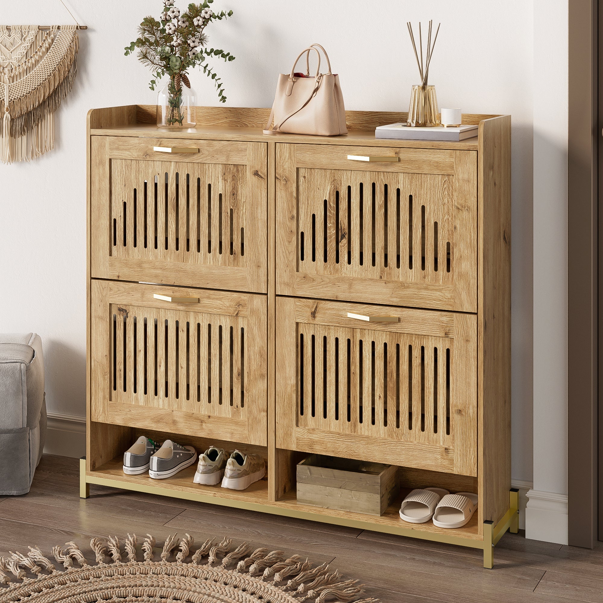 Shoe Cabinet 4 Doors, Vertical Slatted, Space-Saving with Shelf, Wood/Metal