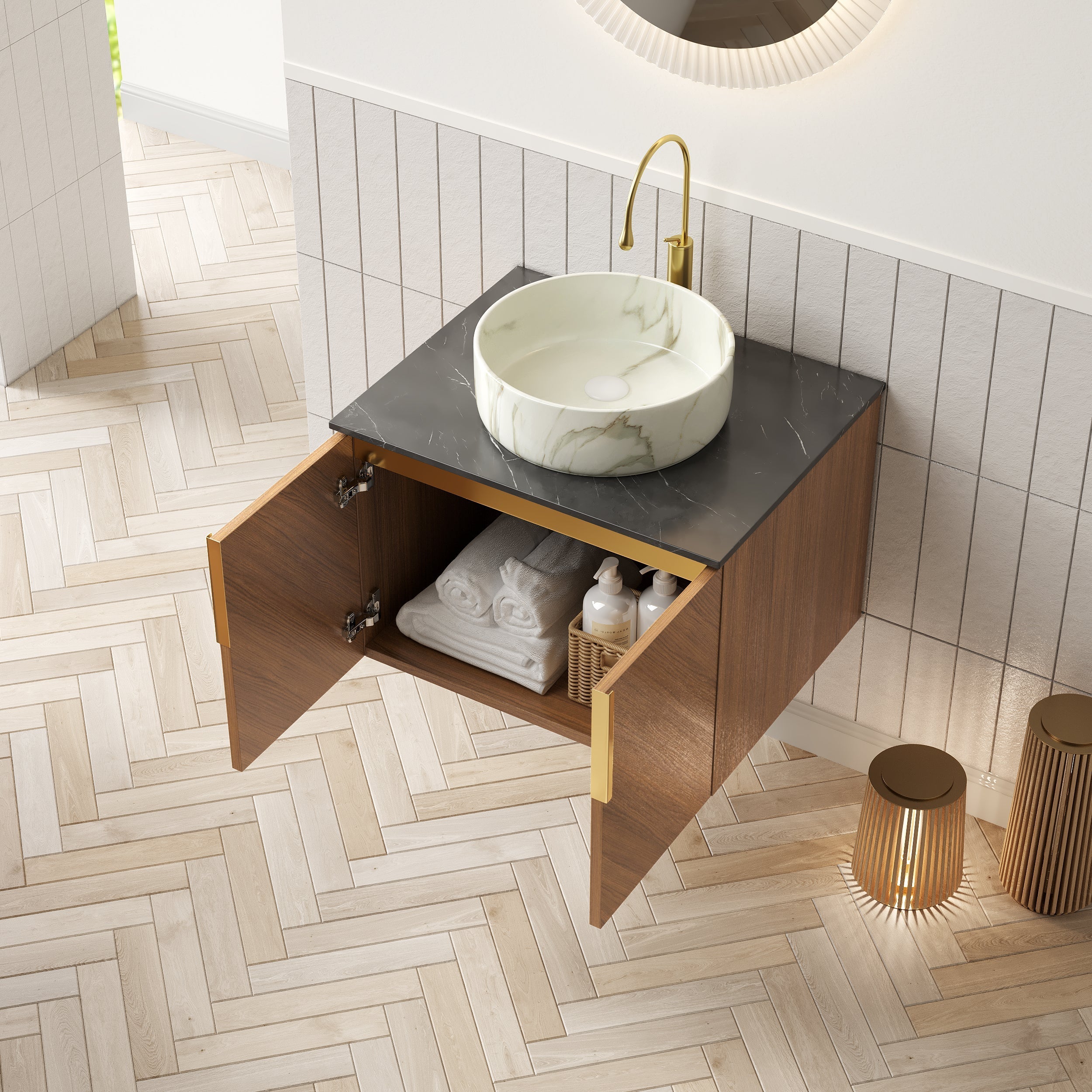 ARAI 61cm Wall Mounted Bathroom Vanity Unit with White Ceramic Basin, Black Sintered Stone Countertop, Plywood