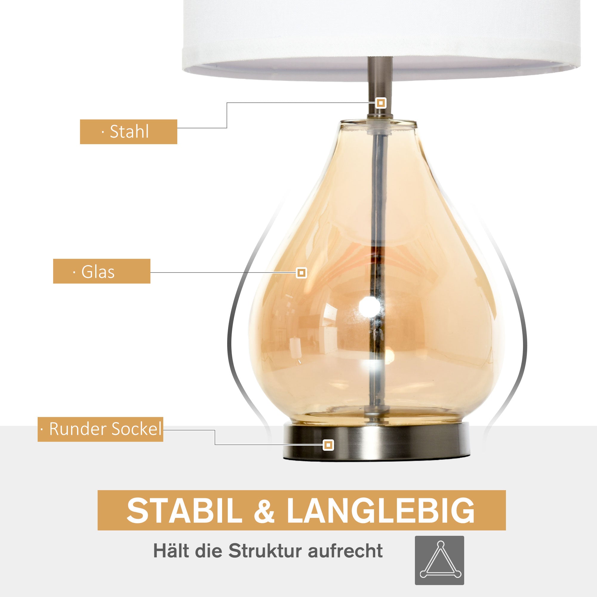 Table Lamp Set of 2 Bedside Lamps E27 Socket 40W Glass Linen Steel Amber
