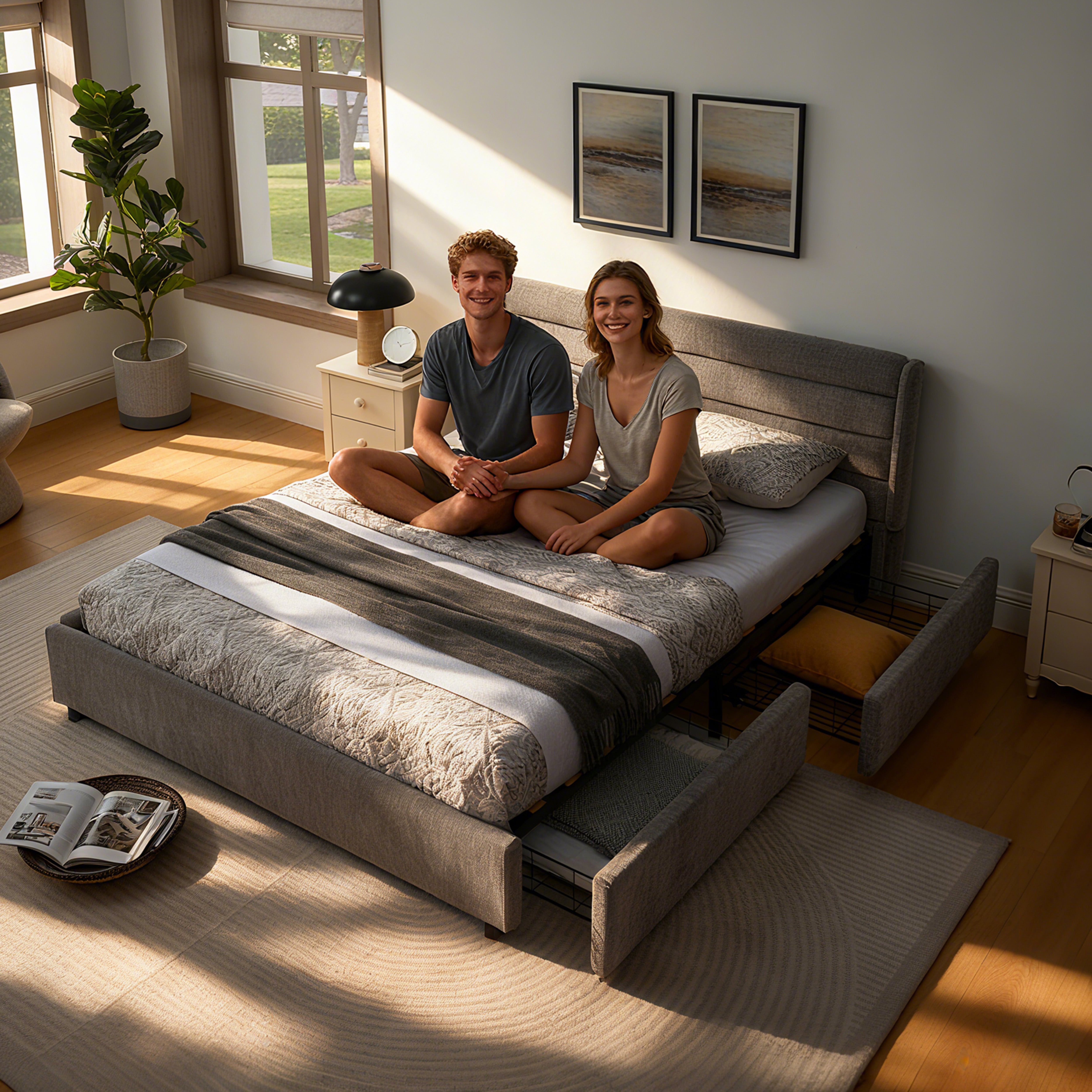 Double Bed 160x200cm with 4 Large Storage Drawers, Dark Grey Chenille
