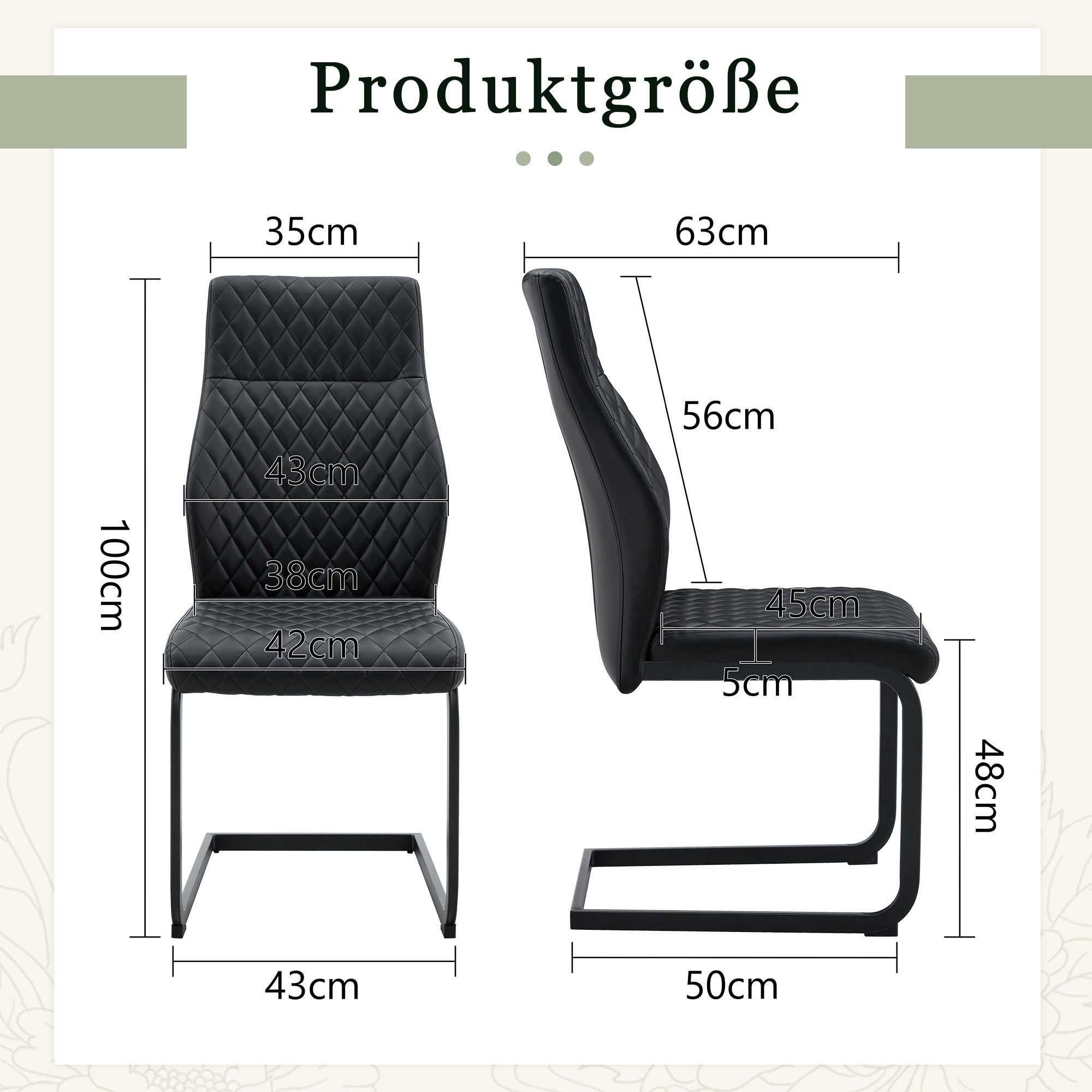Dining Chair Set of 2 with High Backrest and Diamond Pattern, Black Metal Frame and PU Leather