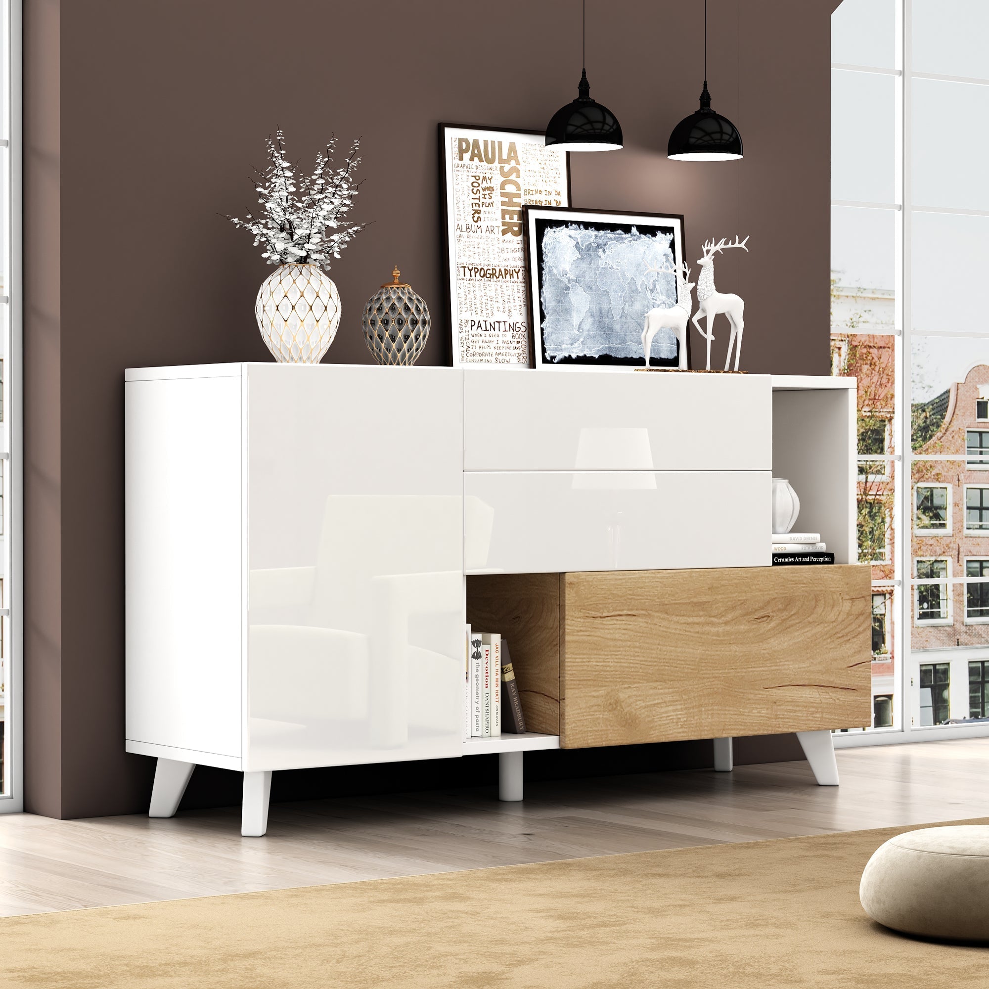 Sideboard, Storage, High-Gloss White Wood