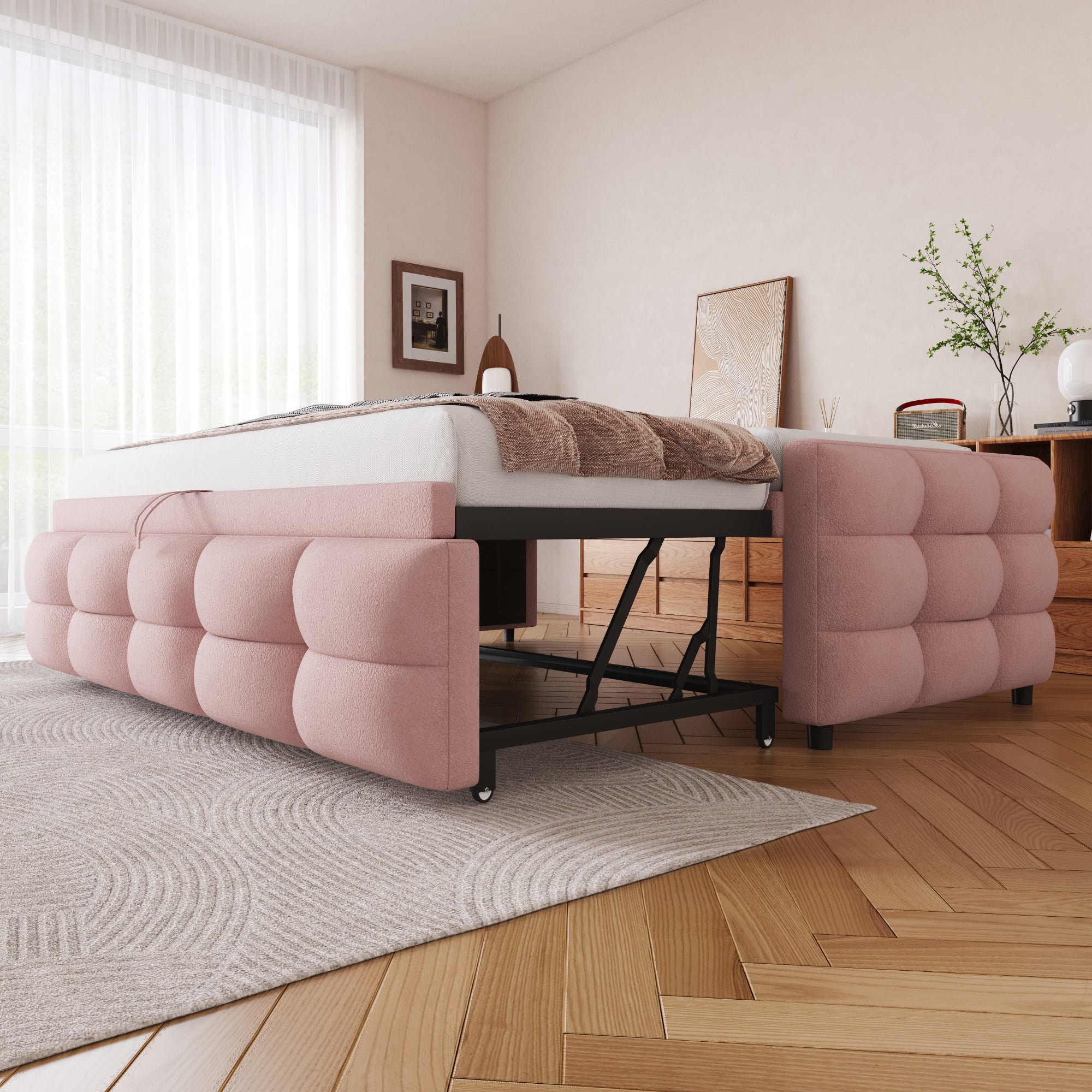 Upholstered Extendable Sofa Bed with Slatted Base, 90/180x190cm, Pink Teddy Velvet