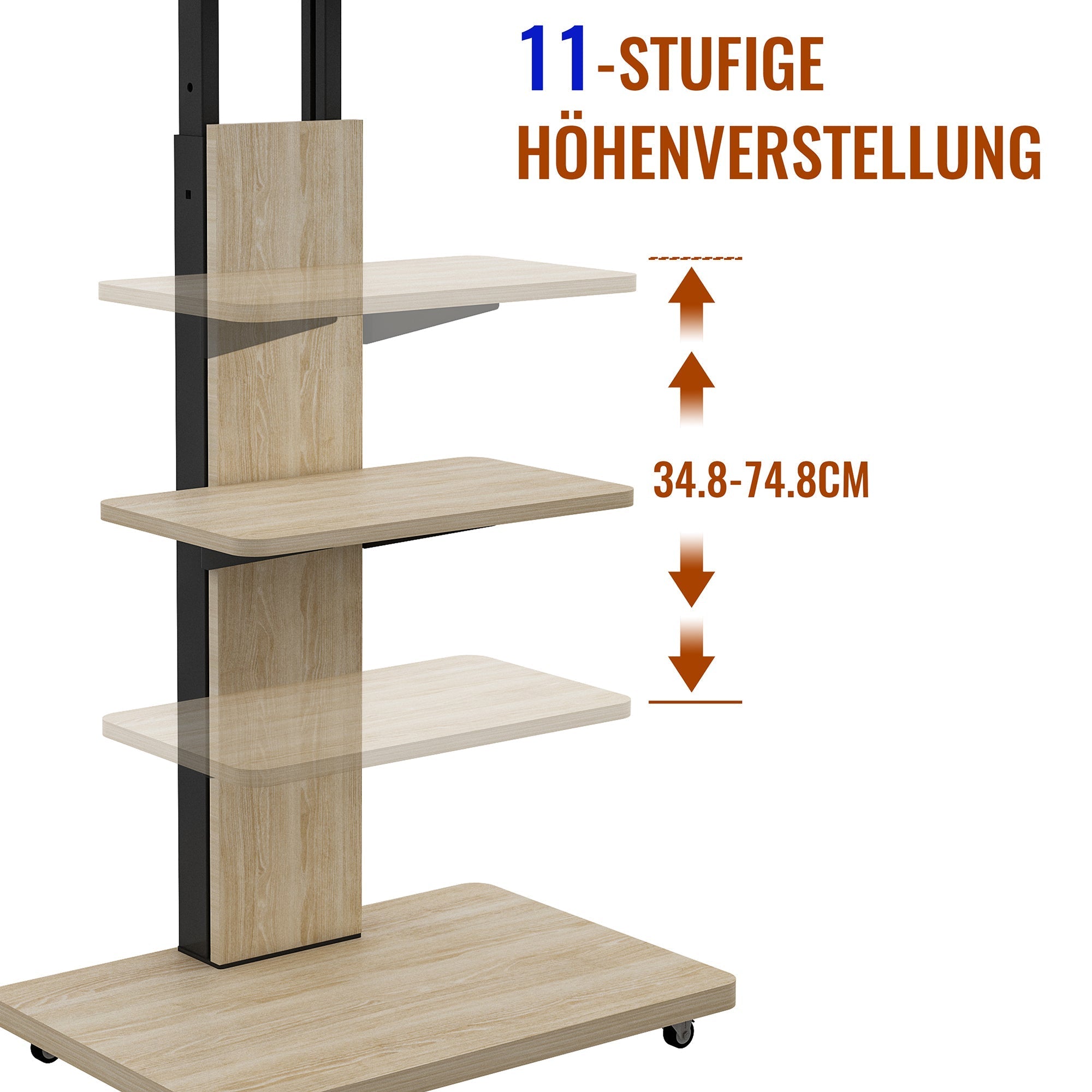 Mobile TV Stand Height-Adjustable Storage 32-75 Inch Lockable Wheels - Natural