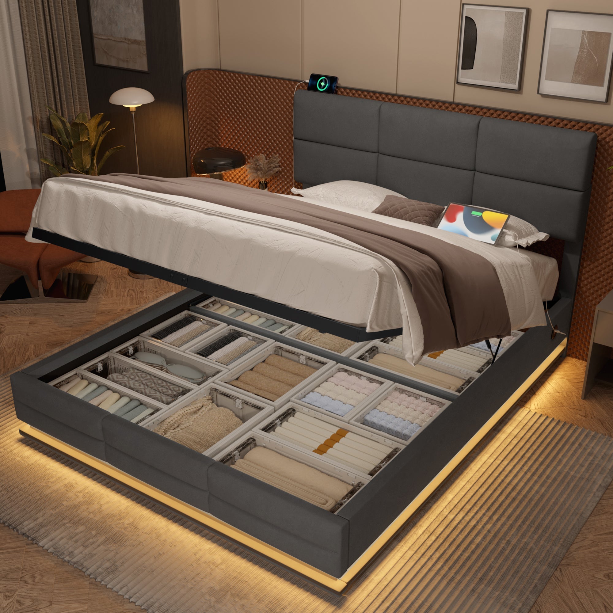 Modern Velvet Upholstered Bed, 150x200 cm, LED, USB Ports, Hydraulic Lift, Gray