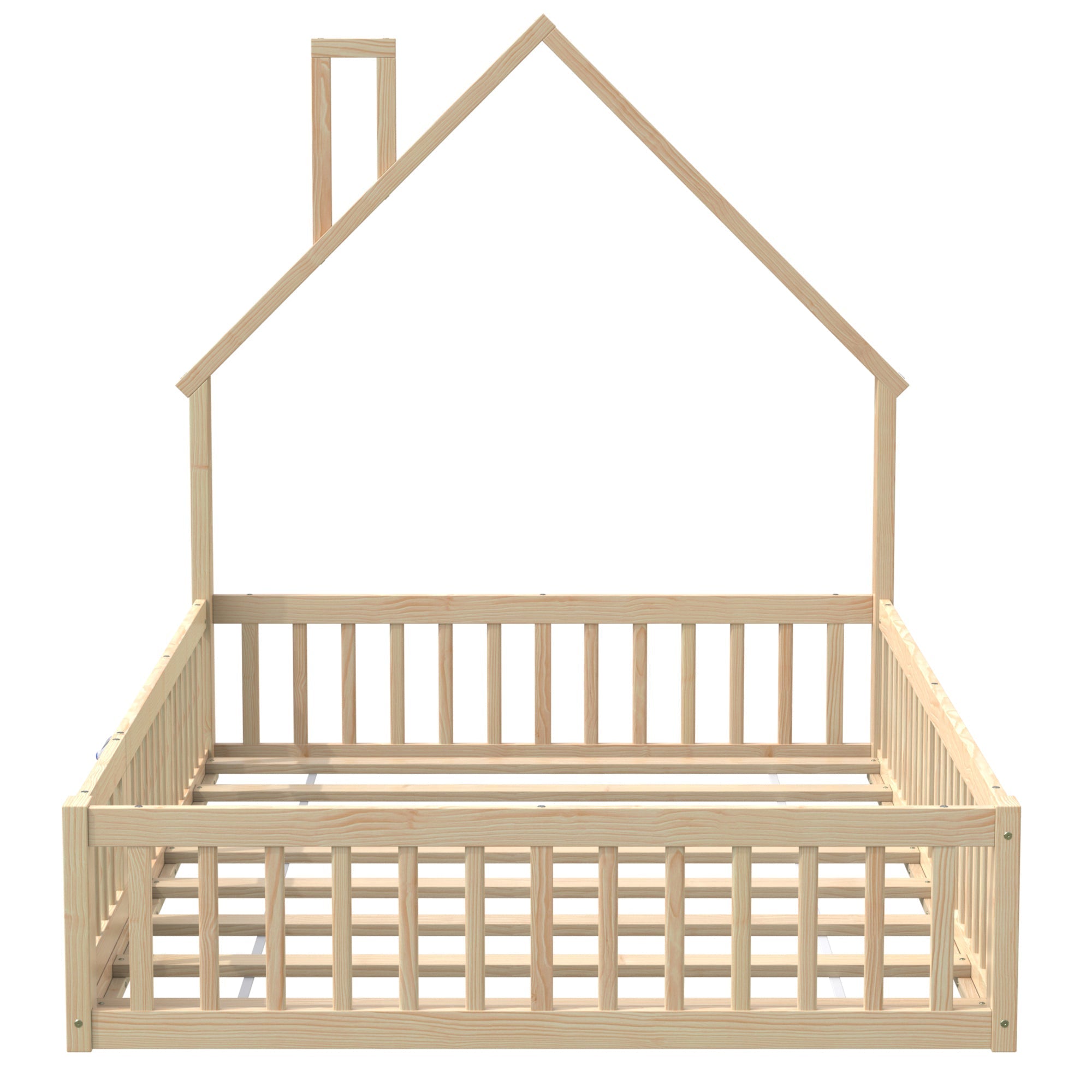 House Bed 140x200cm Chimney Shape Slatted Base Pine Wood Natural