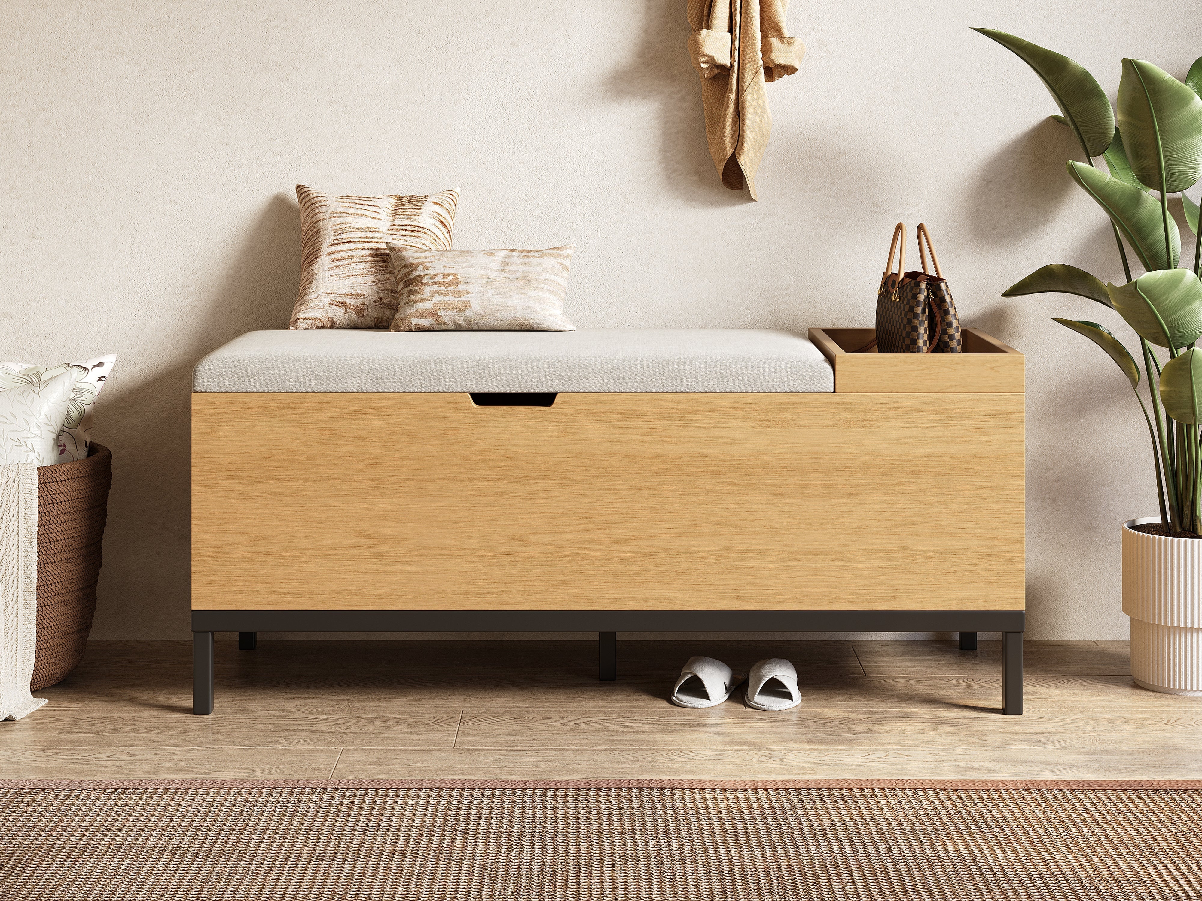 Shoe bench storage seating cabinet foldable footstool natural
