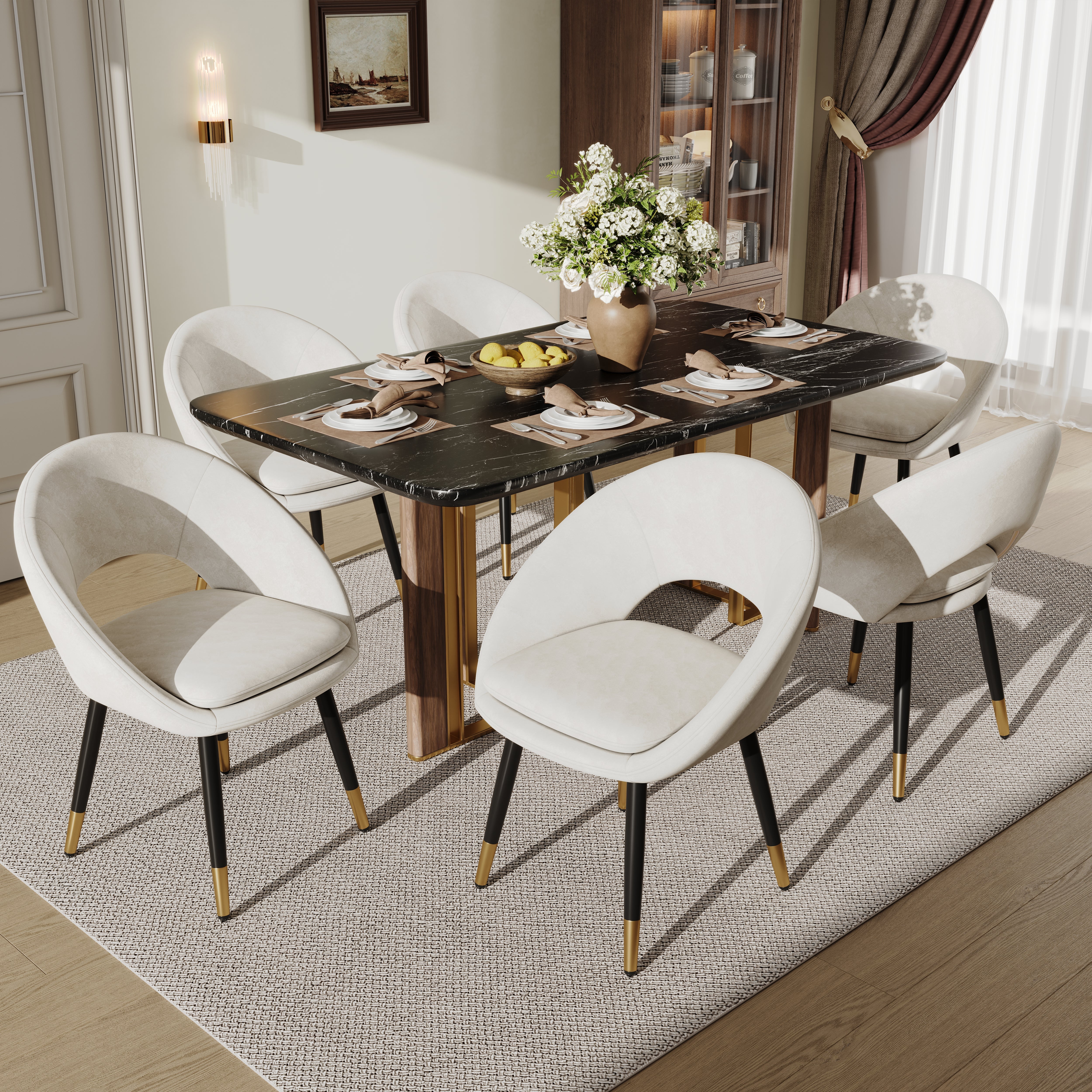 Set of 6 Modern Dining Chairs, Comfortable and Breathable Velvet, Beige