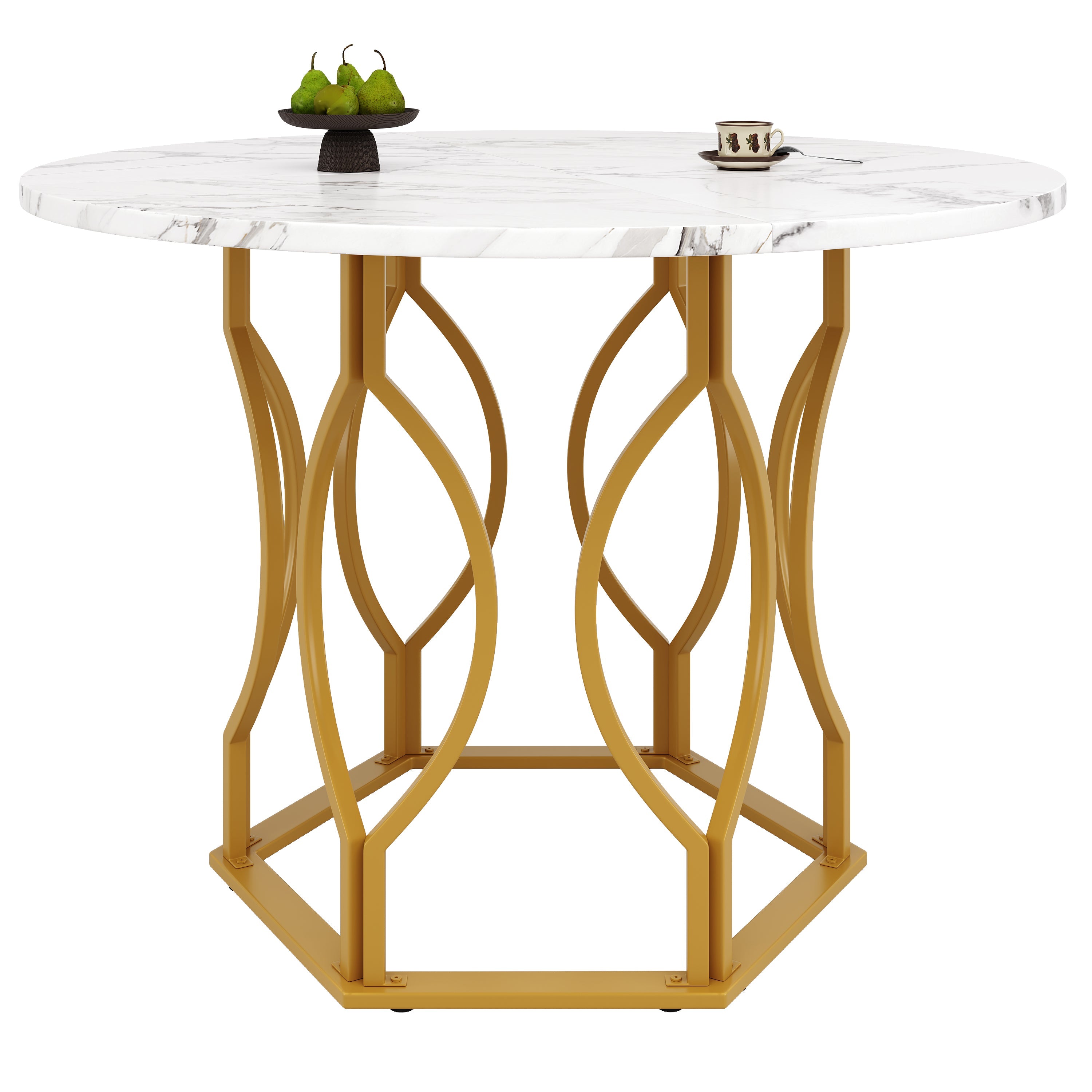 Dining Table Set 5-Piece Round 100cm Gold Metal Legs White MDF Dark Green Velvet