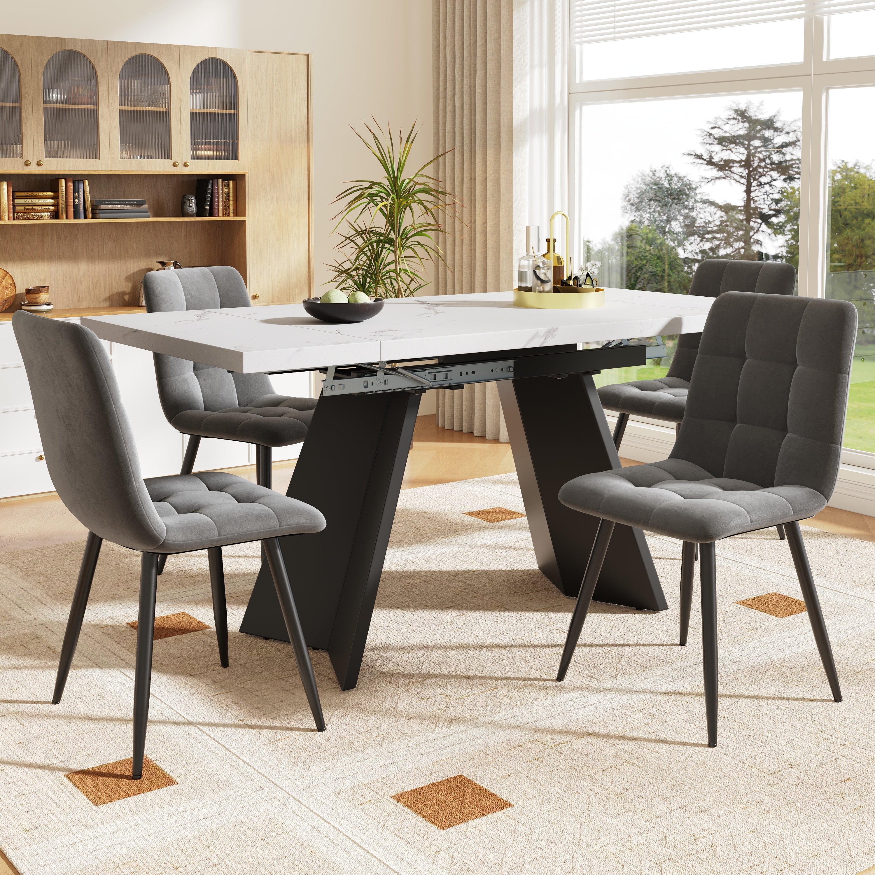 5-Piece Dining Set Extendable Table 160x80cm with 4 Grey Velvet Chairs White