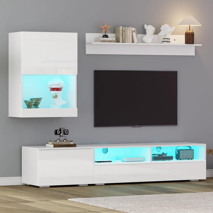 TV Wall Unit Set with Display Cabinet, 3-Piece Media Unit, LED High Gloss, White