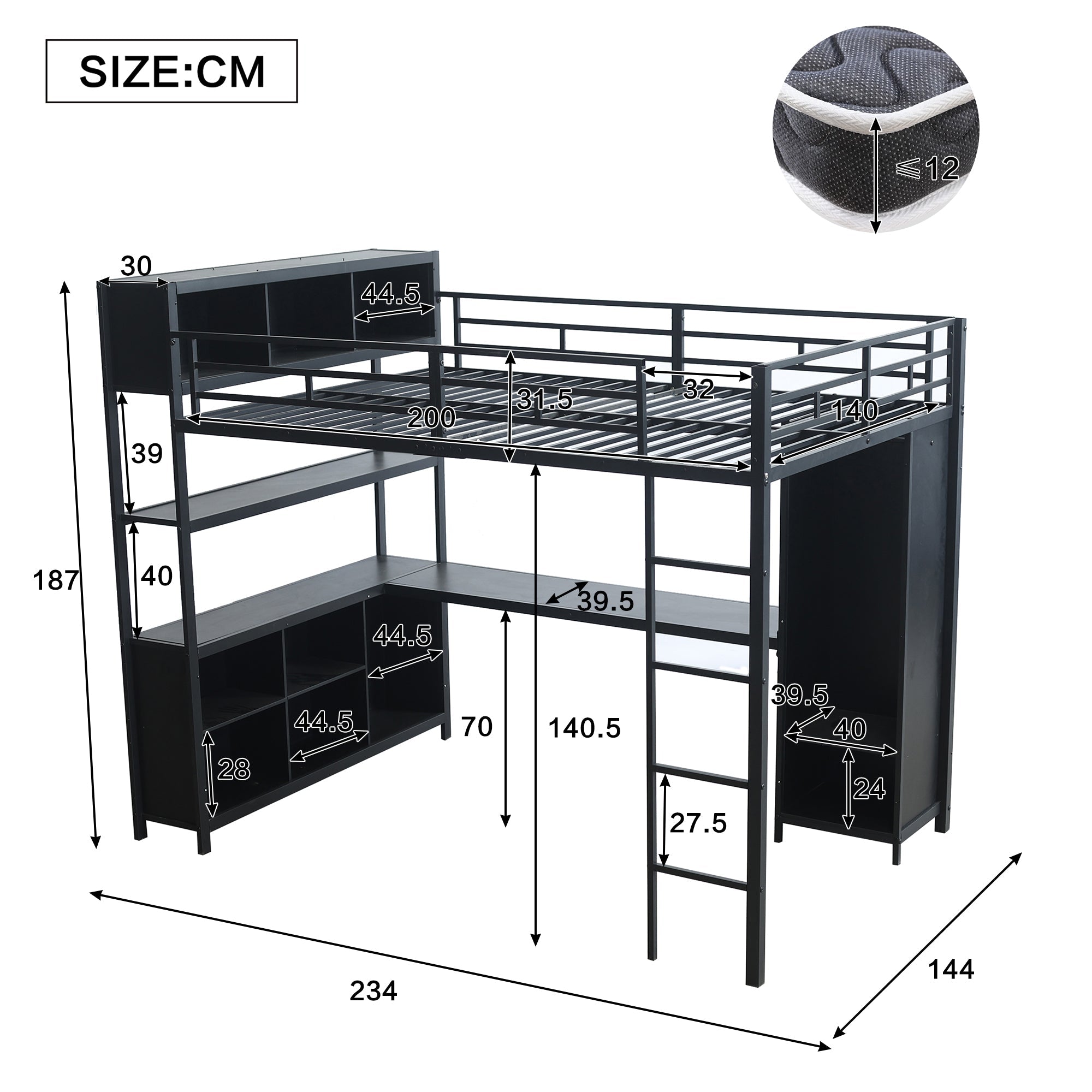 Iron Loft Bed, Double Storage, Desk & Wardrobe, Black 140x200cm