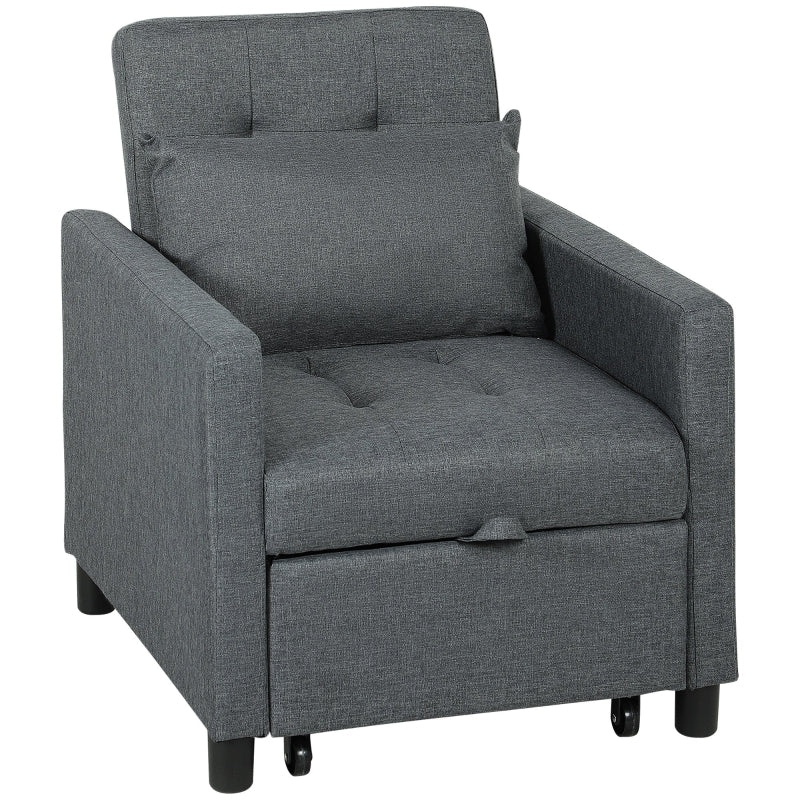 3-In-1 Chair Bed, Convertible Sleeper with Adjustable Backrest, Pillow and Footrest, Dark Grey
