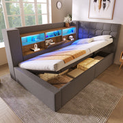 Upholstered Single Bed with LED, Hydraulic Storage and L-Shaped Headboard, 90x190cm, Grey Linen Fabric
