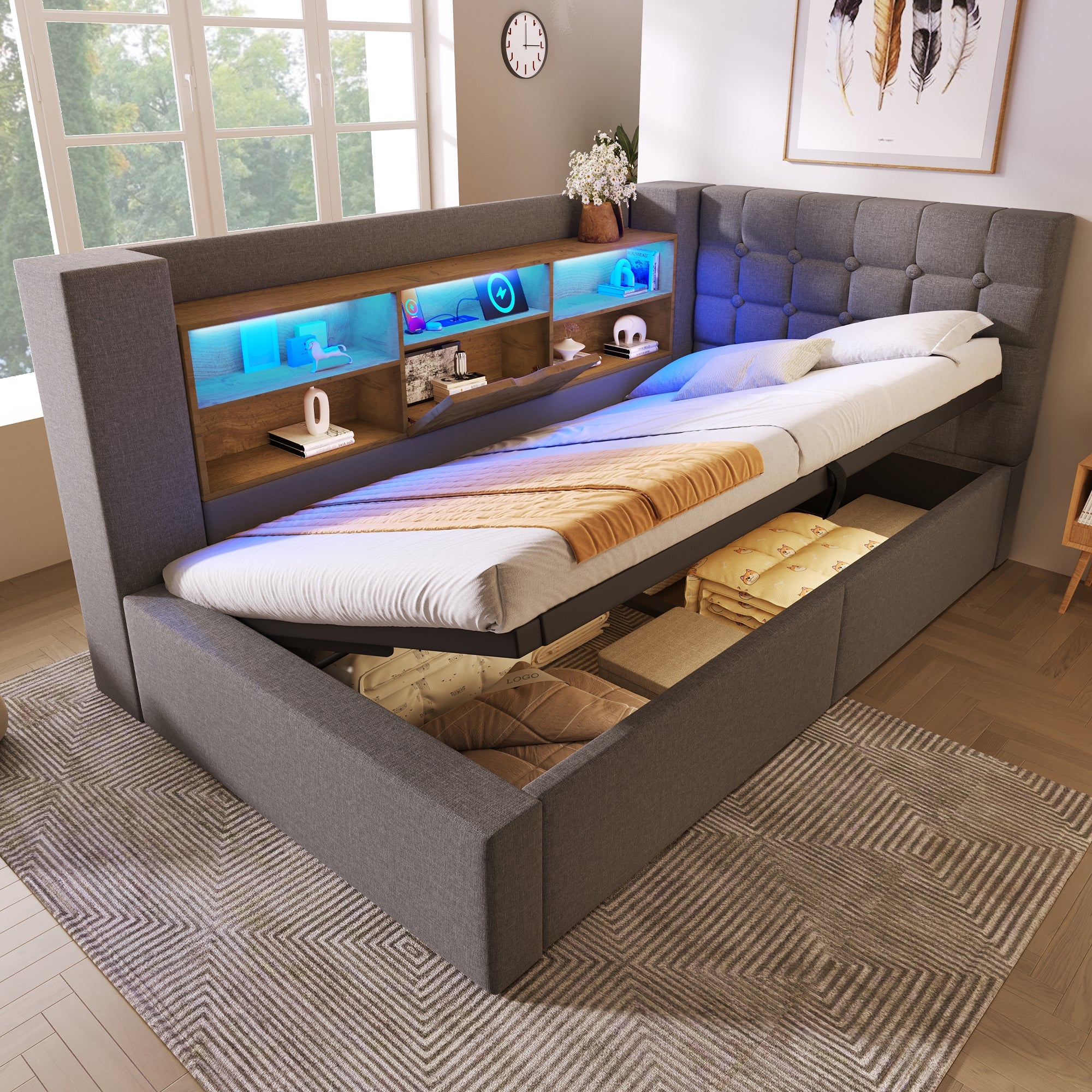 Upholstered Single Bed with LED, Hydraulic Storage and L-Shaped Headboard, 90x190cm, Grey Linen Fabric