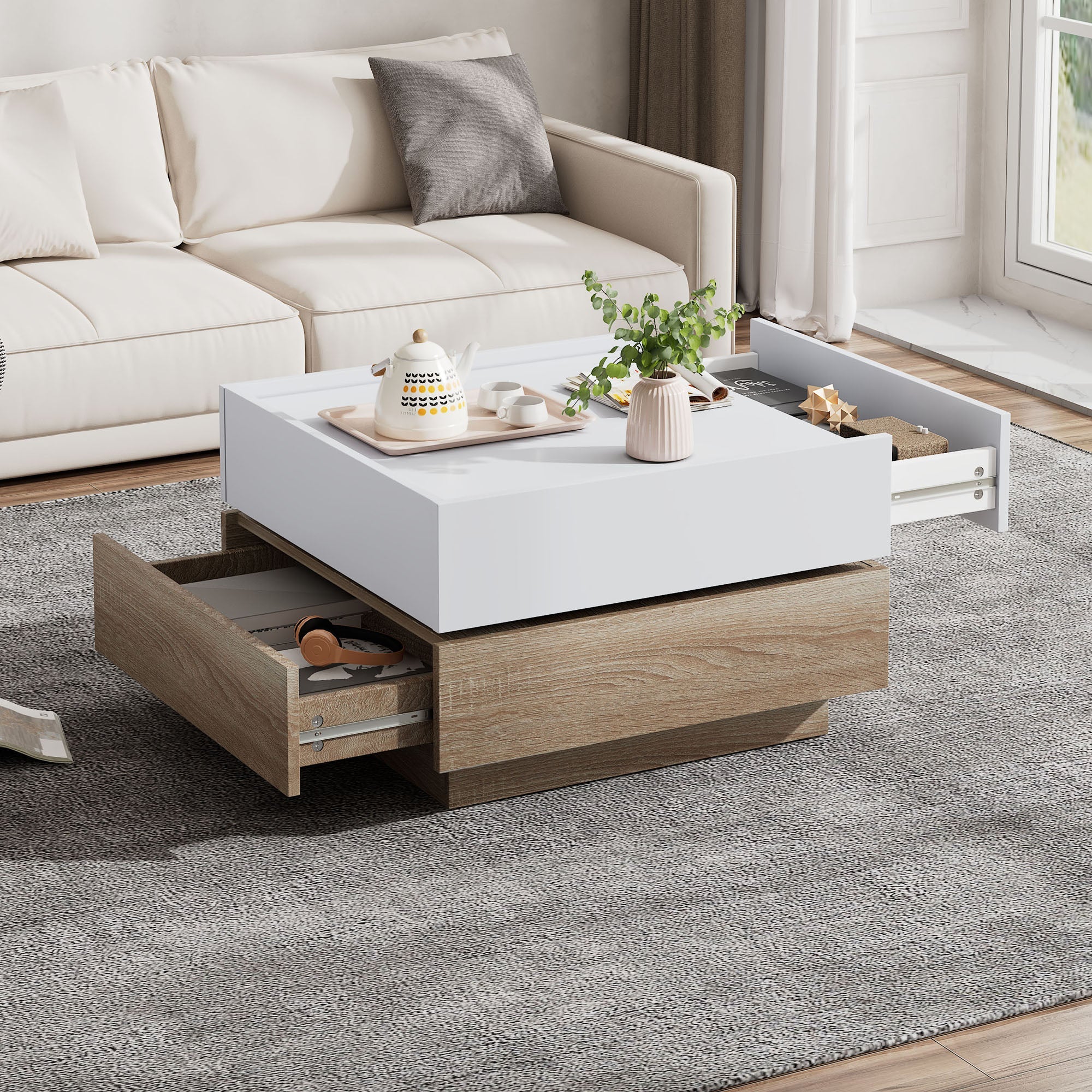Functional coffee table, 360° rotatable with 2 levels storage, walnut frame white