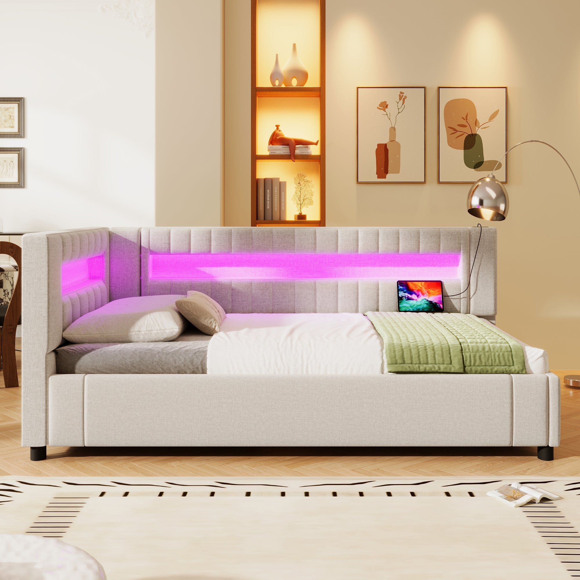 Daybed Sofa Bed 90x200cm Hydraulic Storage LED USB/Type-C - Linen Beige