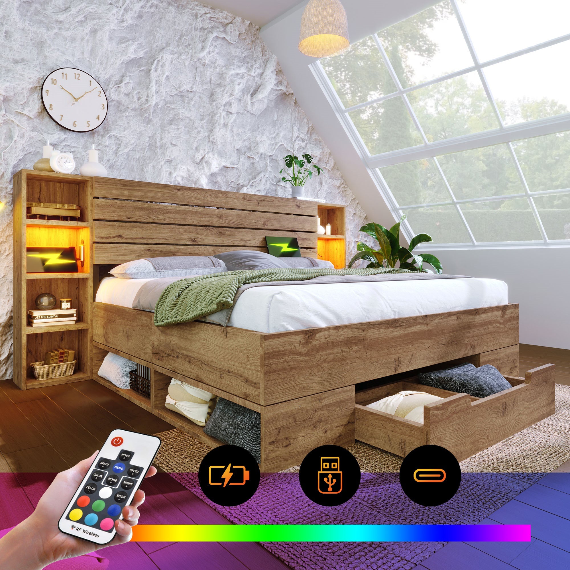 Double Bed 180x200cm Storage, LED, USB-C, Drawers, Wooden Slatted Base, Solid Wood Oak
