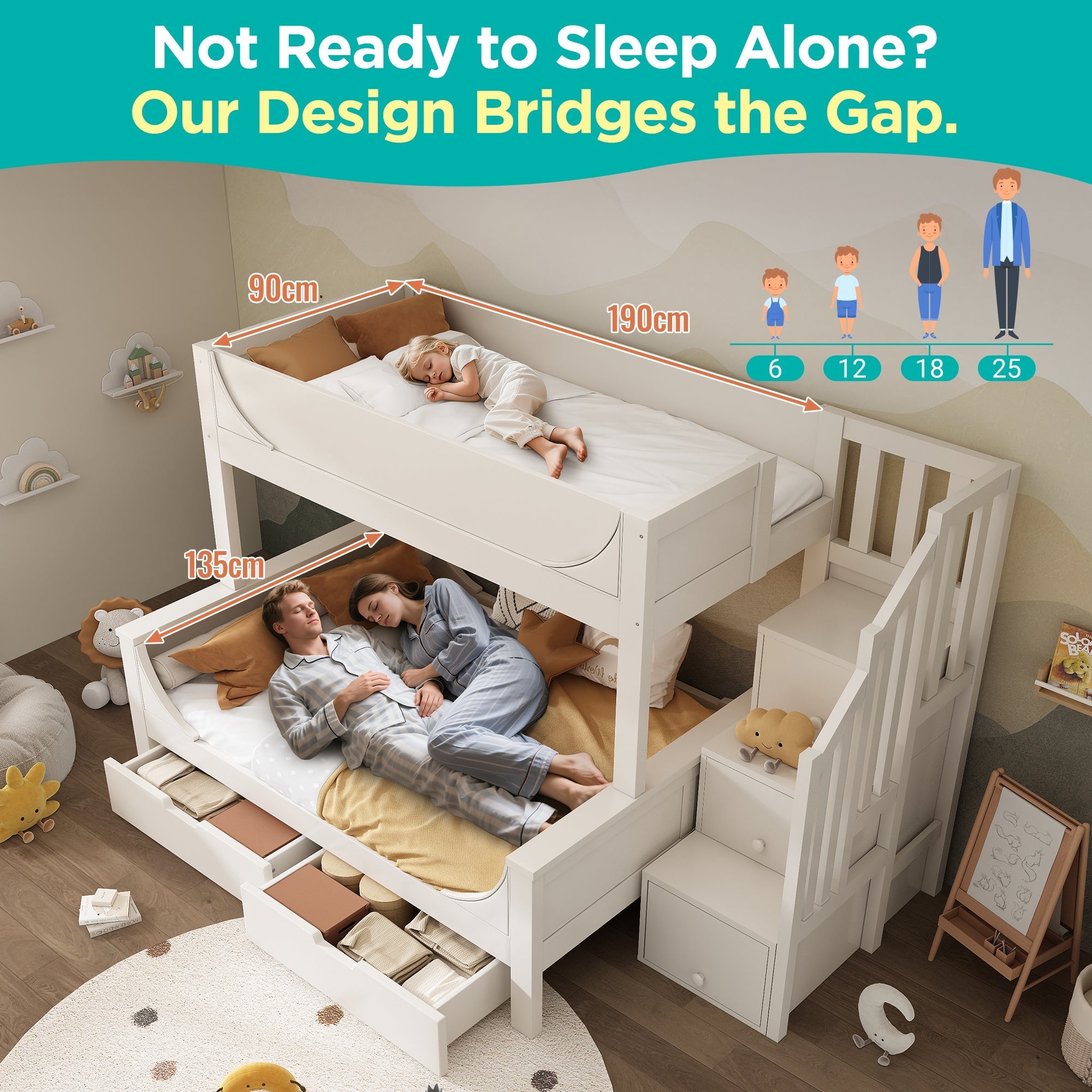 Bunk Beds for Kids, Staircase with Drawers and Storage, Solid Wood, White