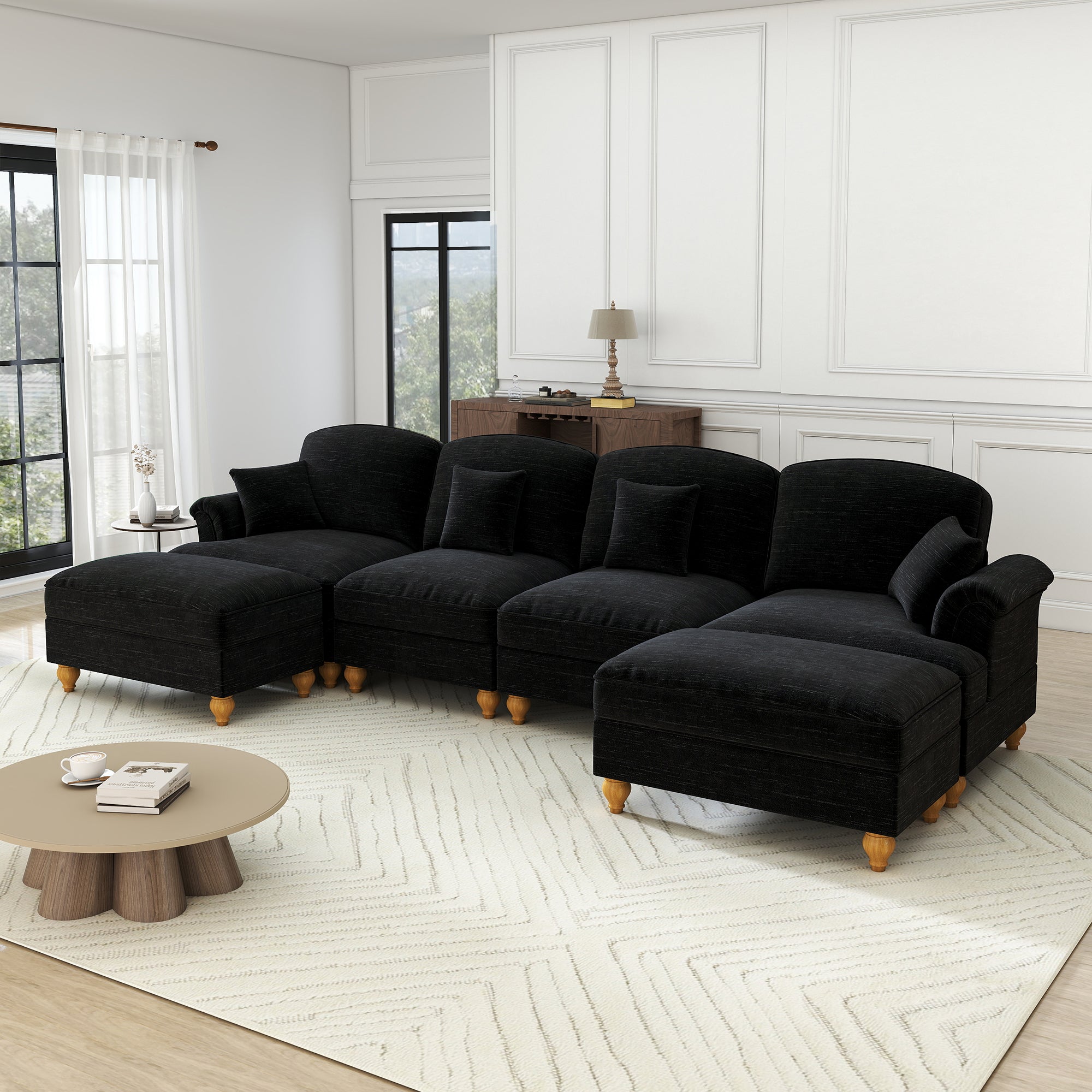 Classic U-shaped Modular Sofa 4-Seater Movable Ottoman Removable Apron - Chenille Black
