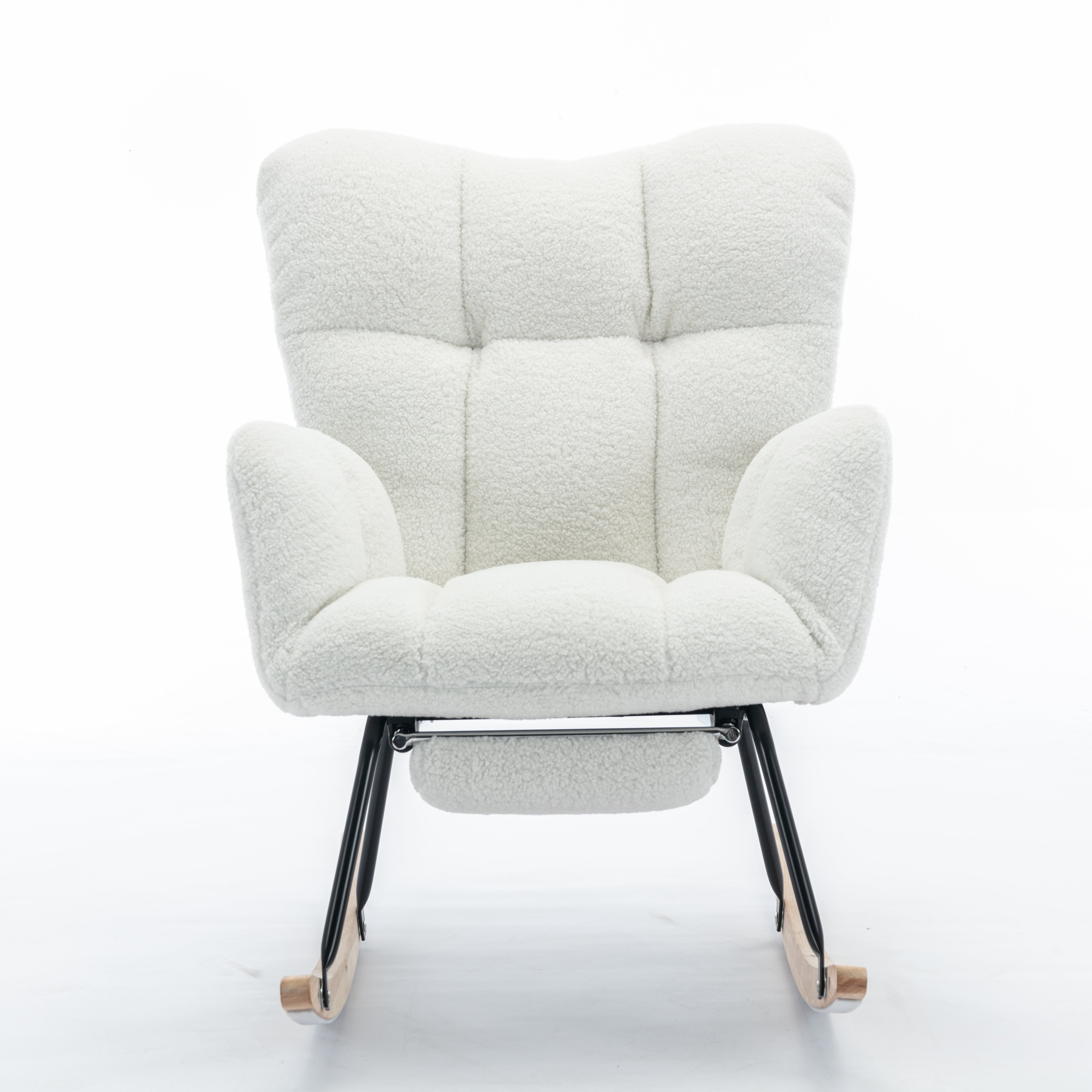 New Modern Teddy Fabric Tufted Upholstered Rocking Chair with Pull-Out Footrest, White