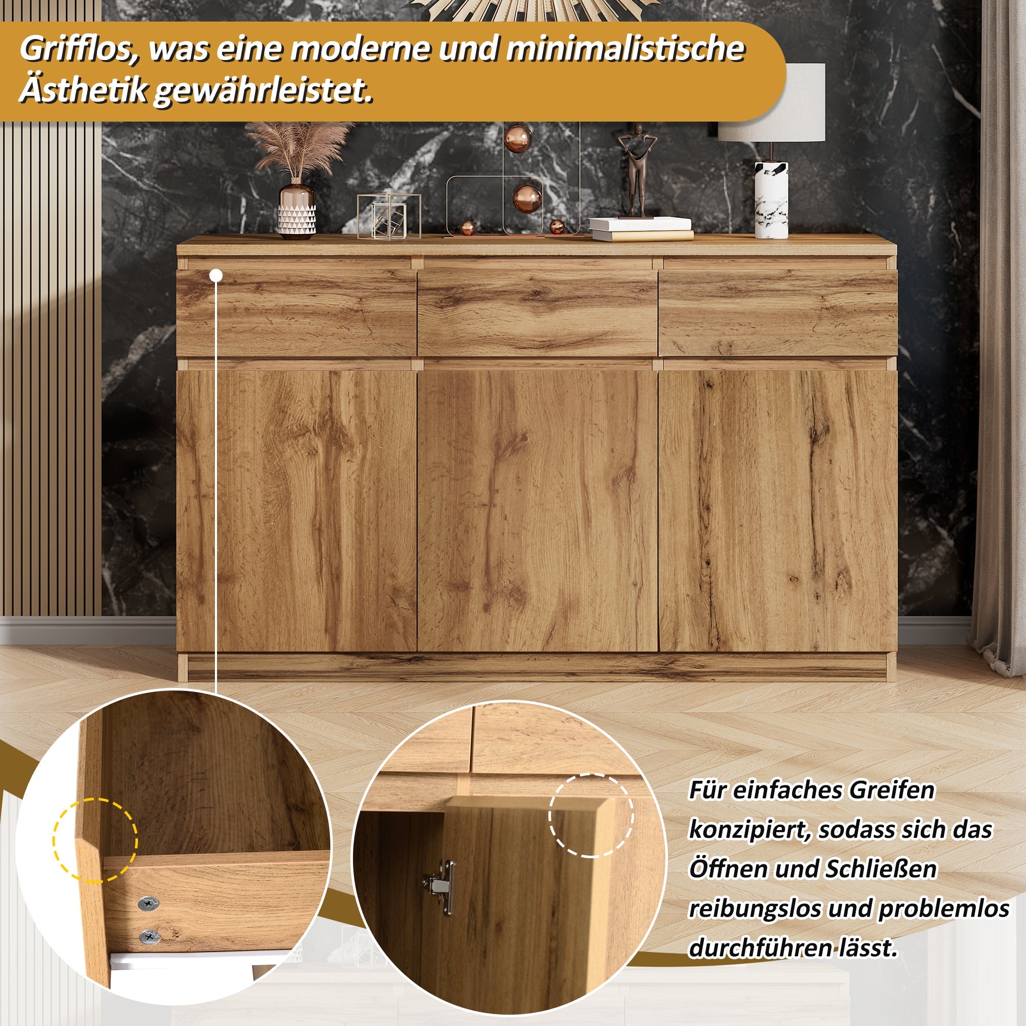 Multifunctional Sideboard 3 Doors 3 Drawers 135x40x81cm - Authentic Wood Look