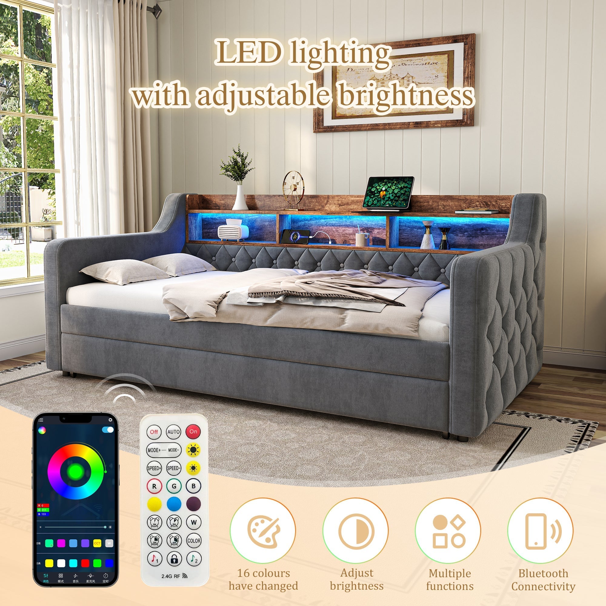 Space-saving Sofa Bed 90x190 cm with Storage, LED Ambiance & USB-C Port, Velvet Gray